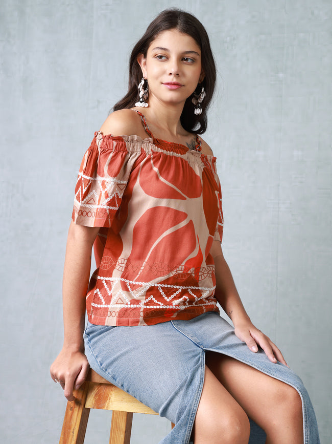 Women Orange Printed Cold Shoulder Top