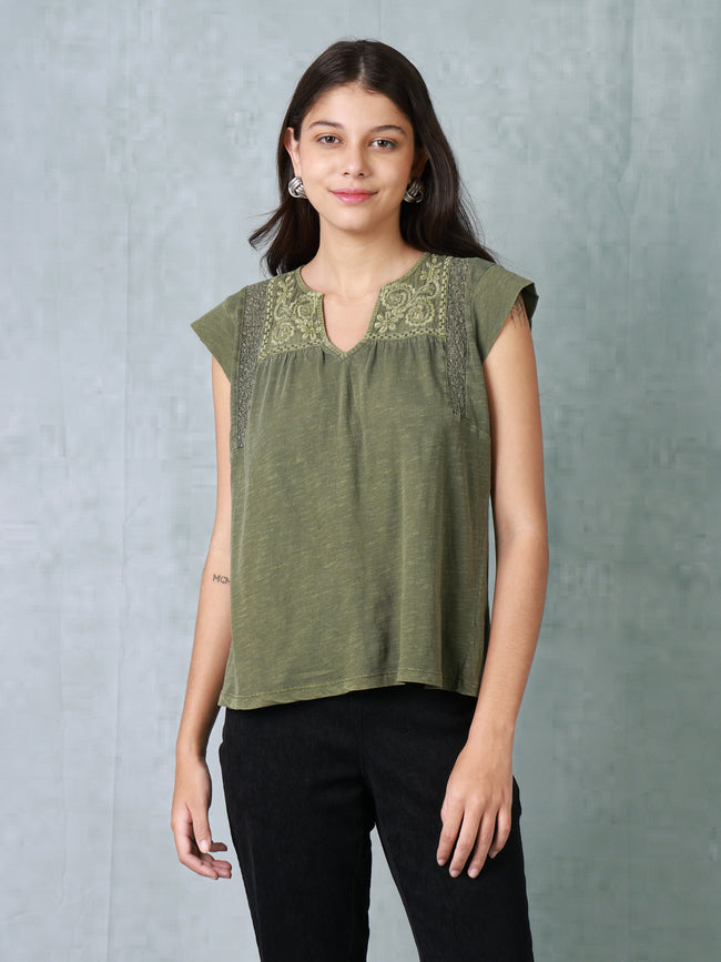 Women Embroidered Green Top