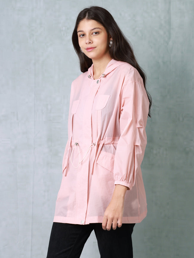 Women Pink Comfort Fit Parachute hooded Jacket