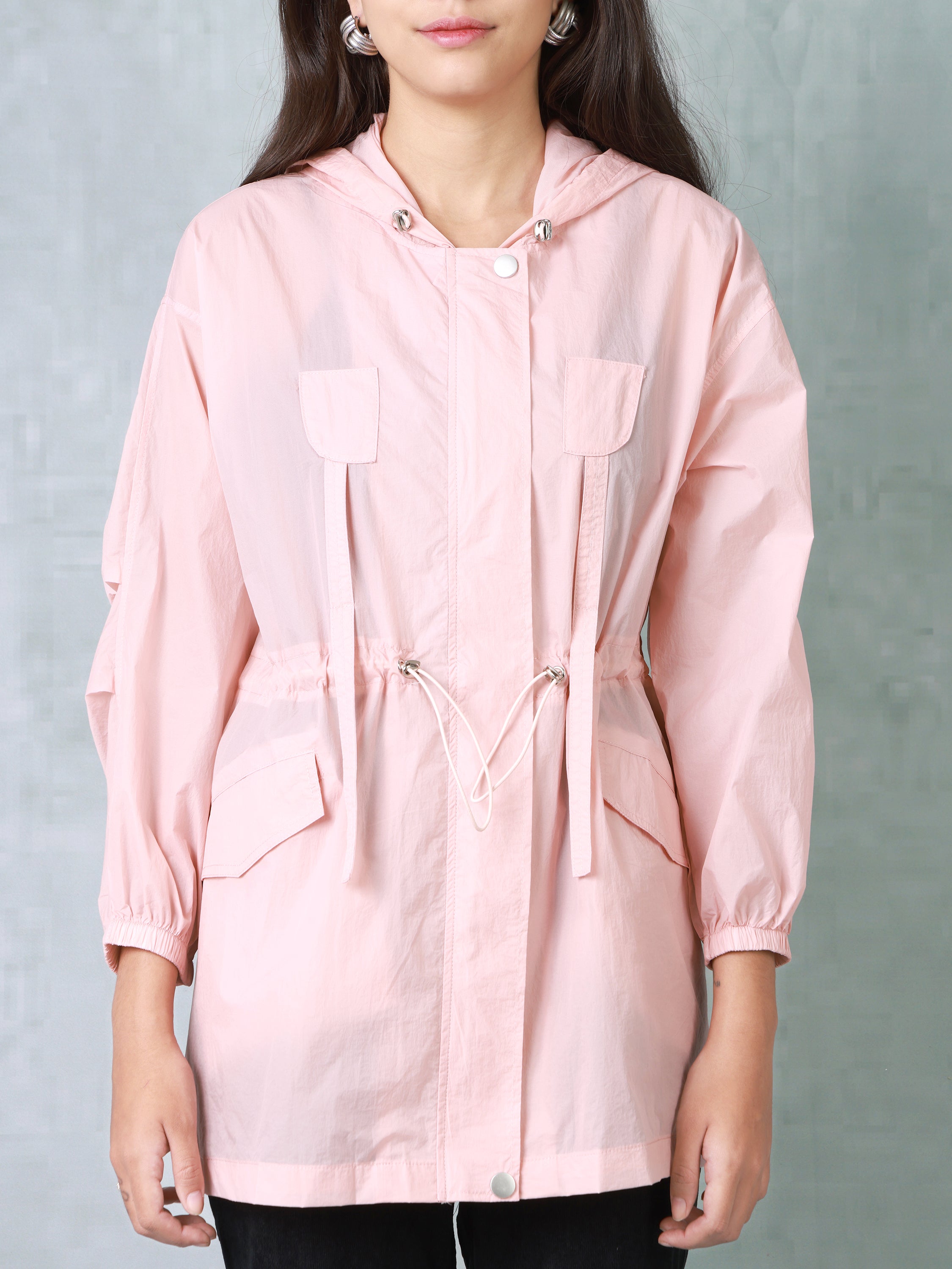 Women Pink Comfort Fit Parachute hooded Jacket