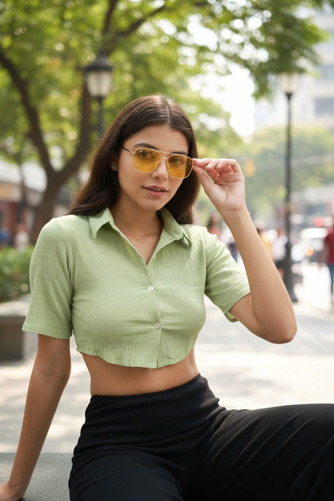Women Green Textured Crop Shirt