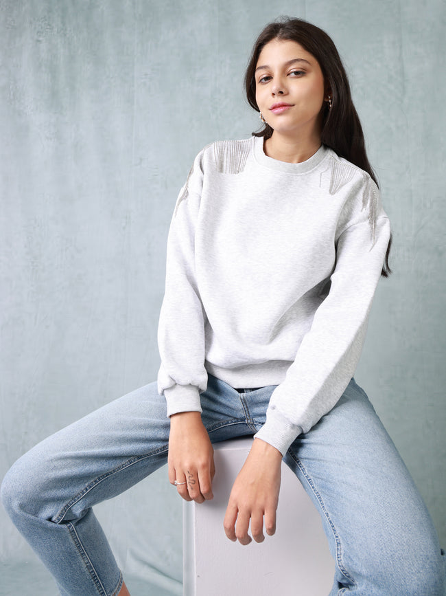 Women Grey Sweatshirt with Embellished Shoulder