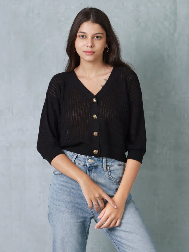 Women Black Knitted Crop Top