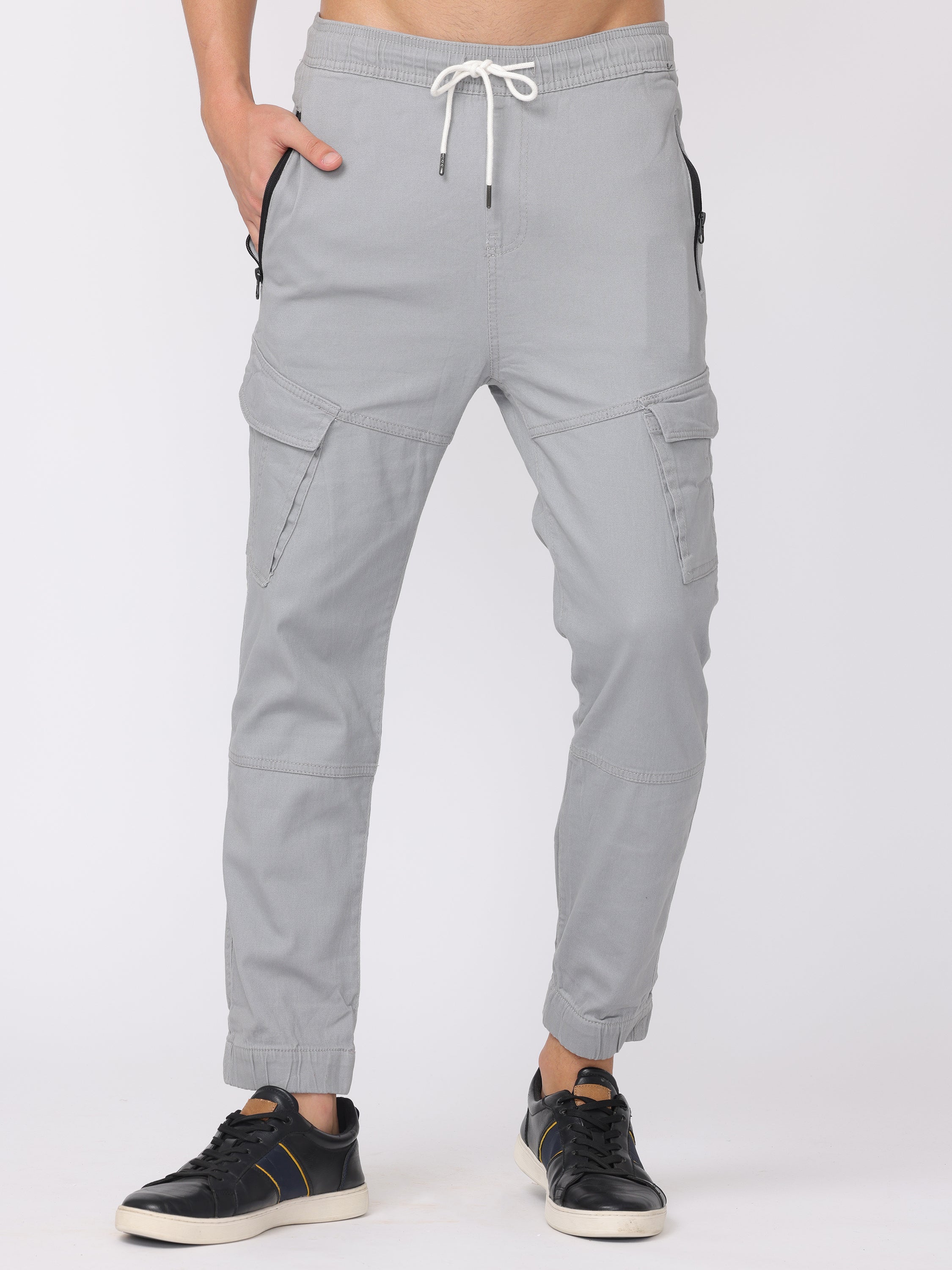 Men Grey Zip Pockets Comfort Fit Joggers