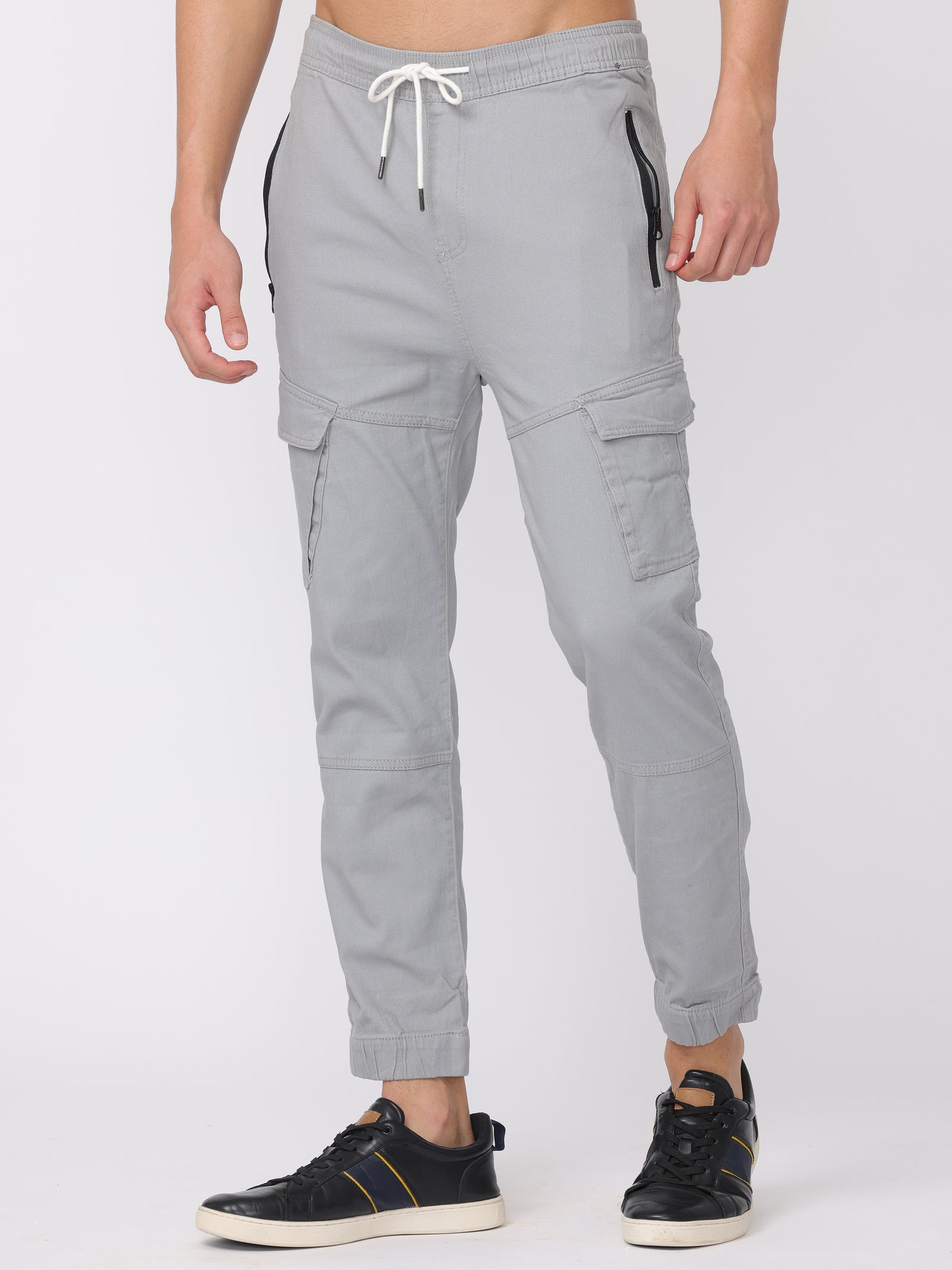 Men Grey Zip Pockets Comfort Fit Joggers