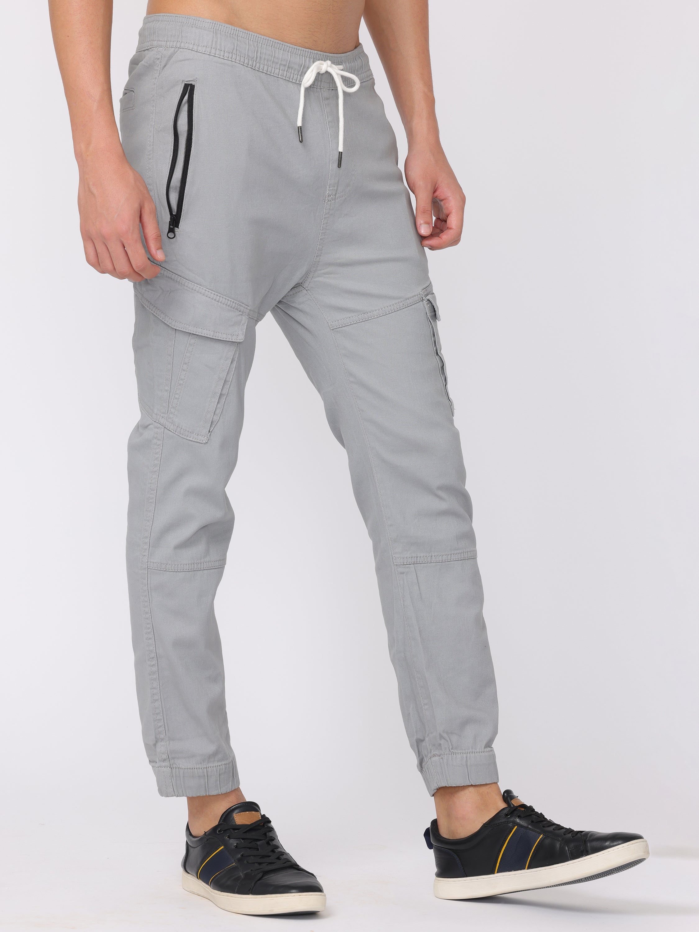 Men Grey Zip Pockets Comfort Fit Joggers