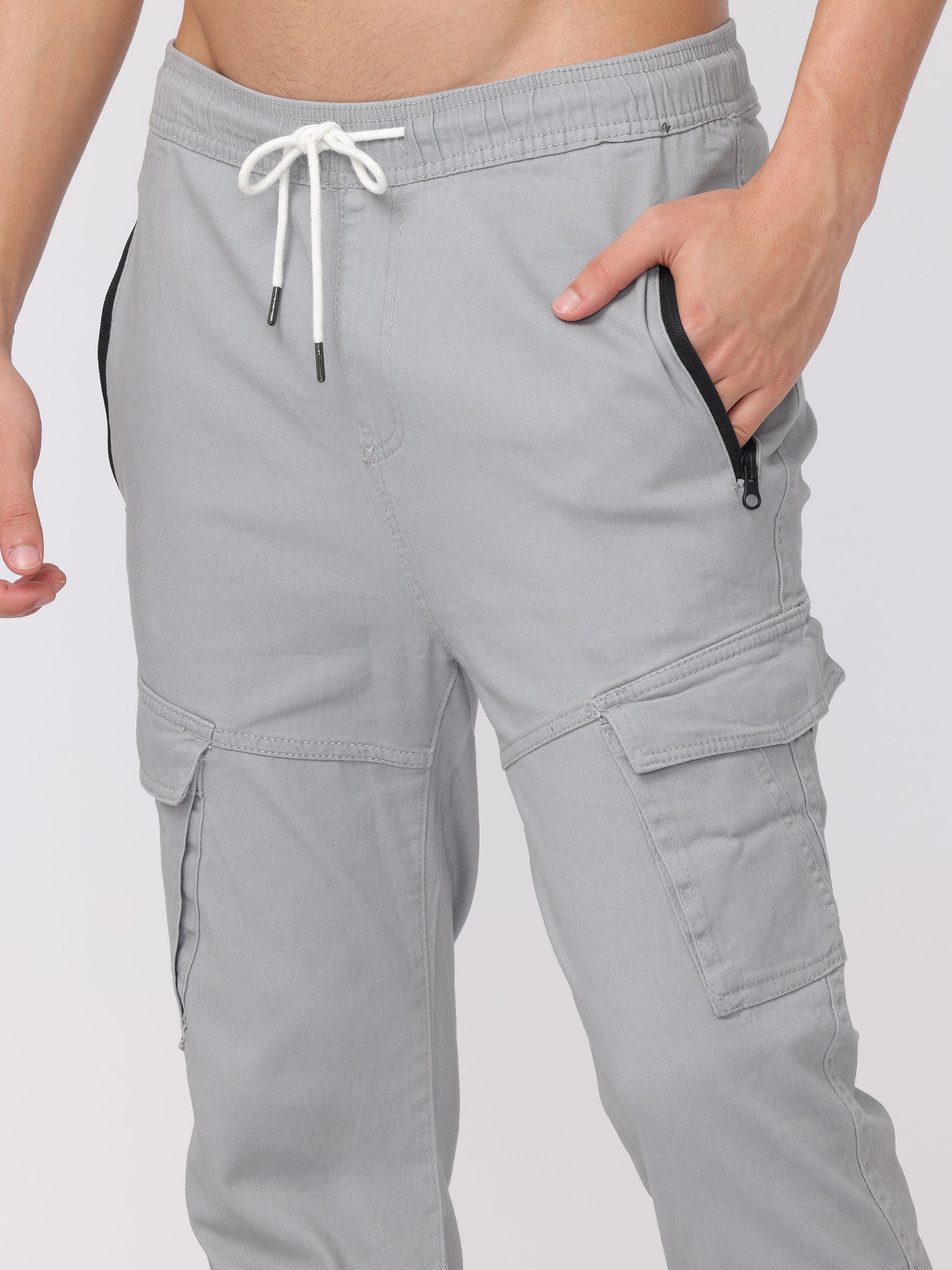 Men Grey Zip Pockets Comfort Fit Joggers