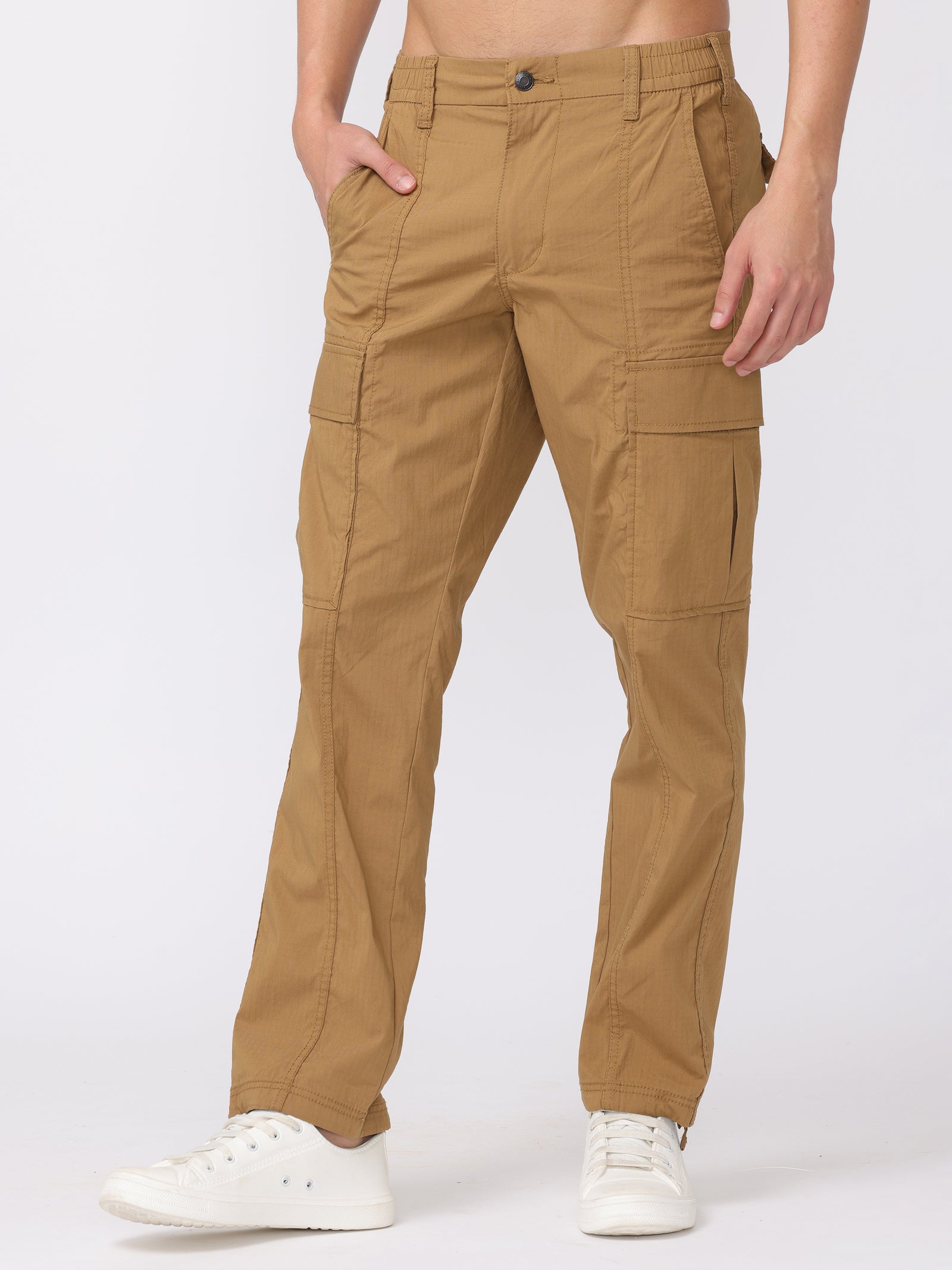 Men Khaki Regular Fit Polyester Pants