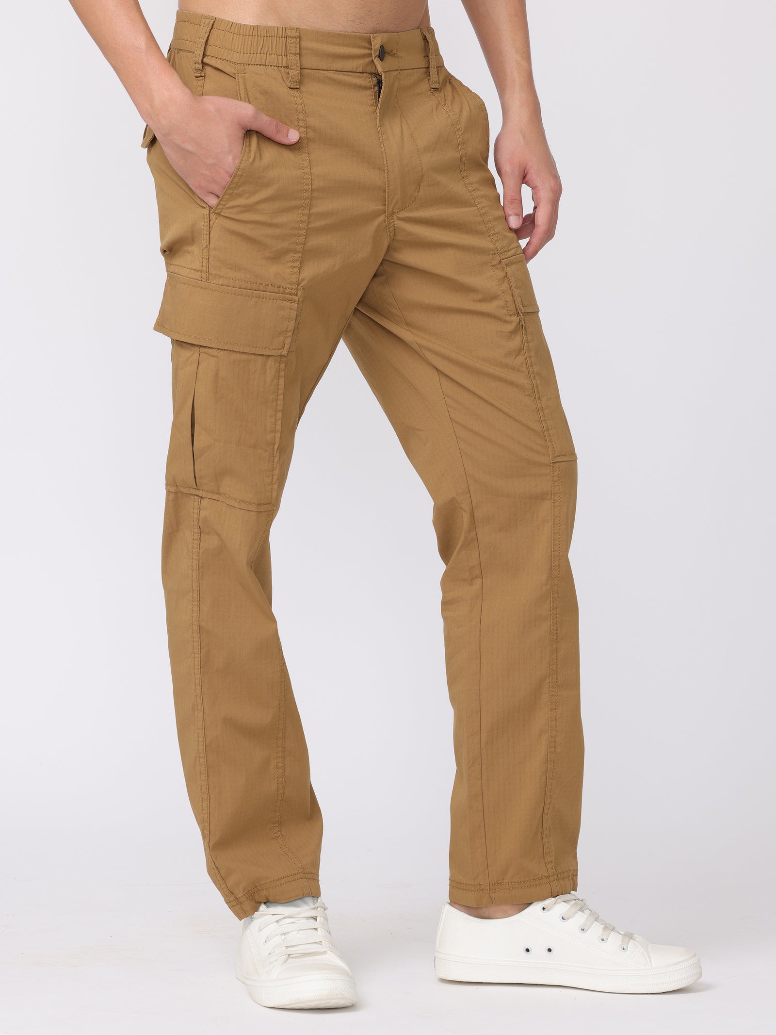 Men Khaki Regular Fit Polyester Pants