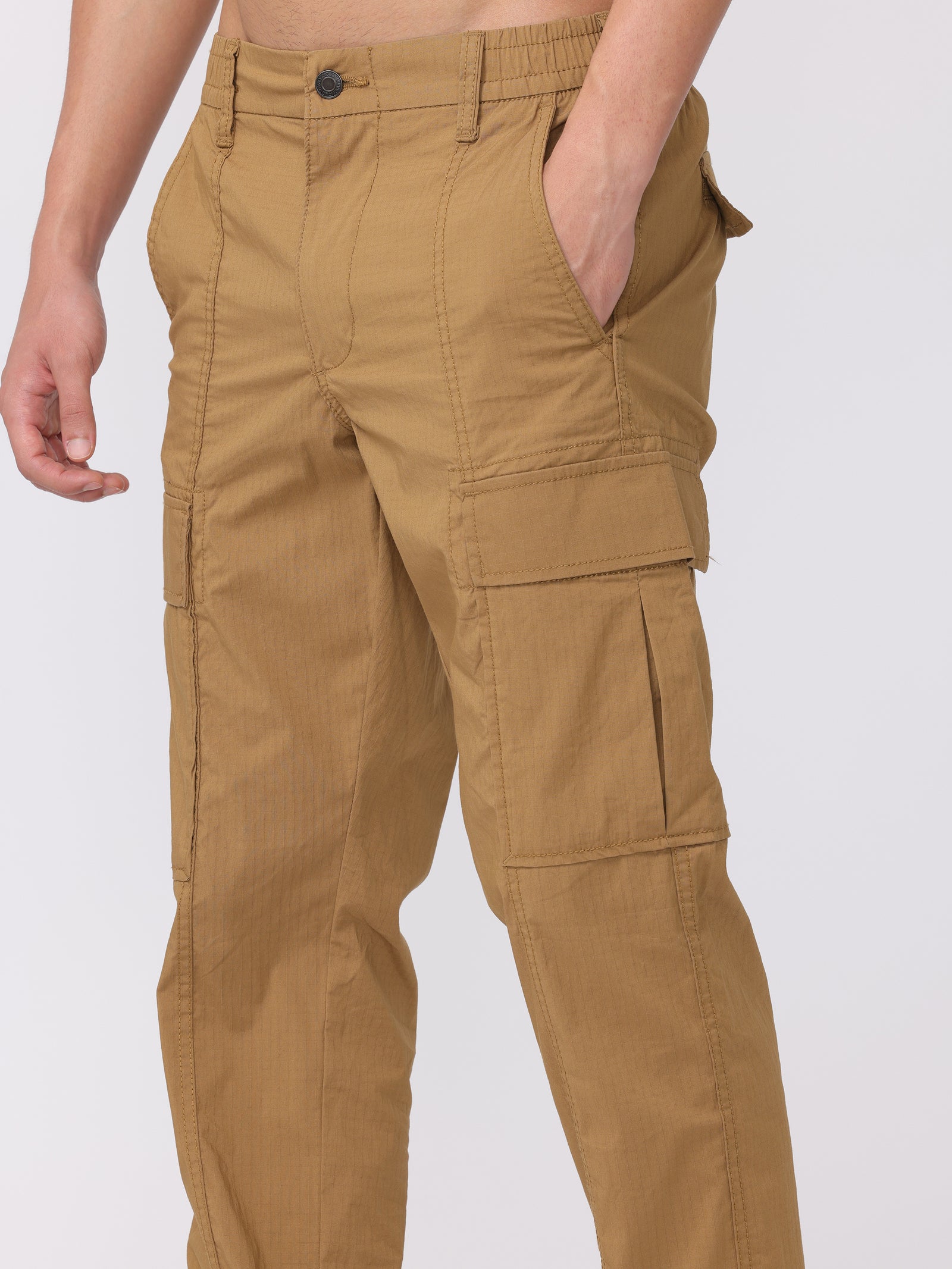 Men Khaki Regular Fit Polyester Pants