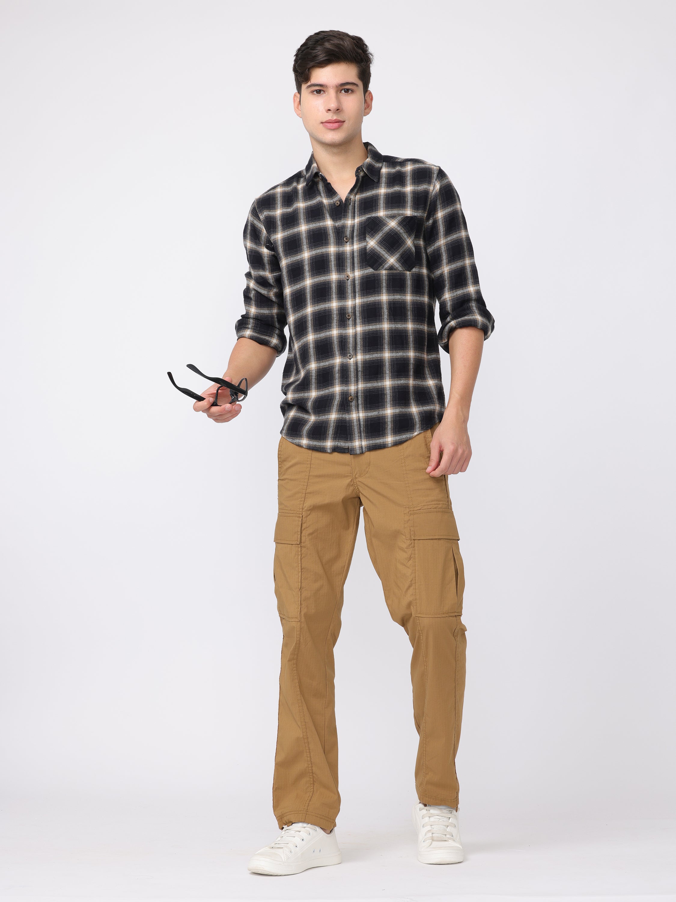 Men Khaki Regular Fit Polyester Pants