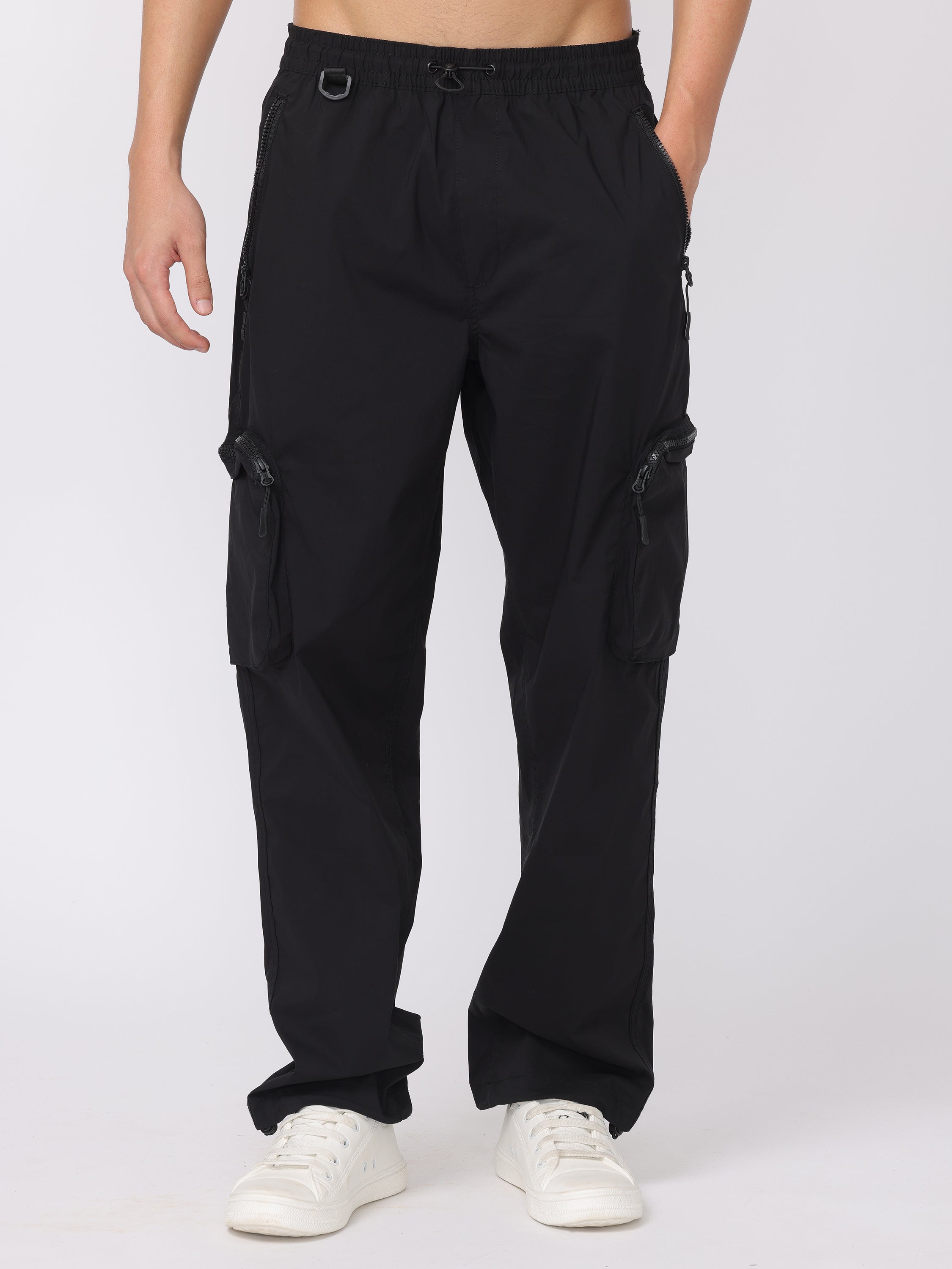 Men Black Comfort Fit Parachute Joggers