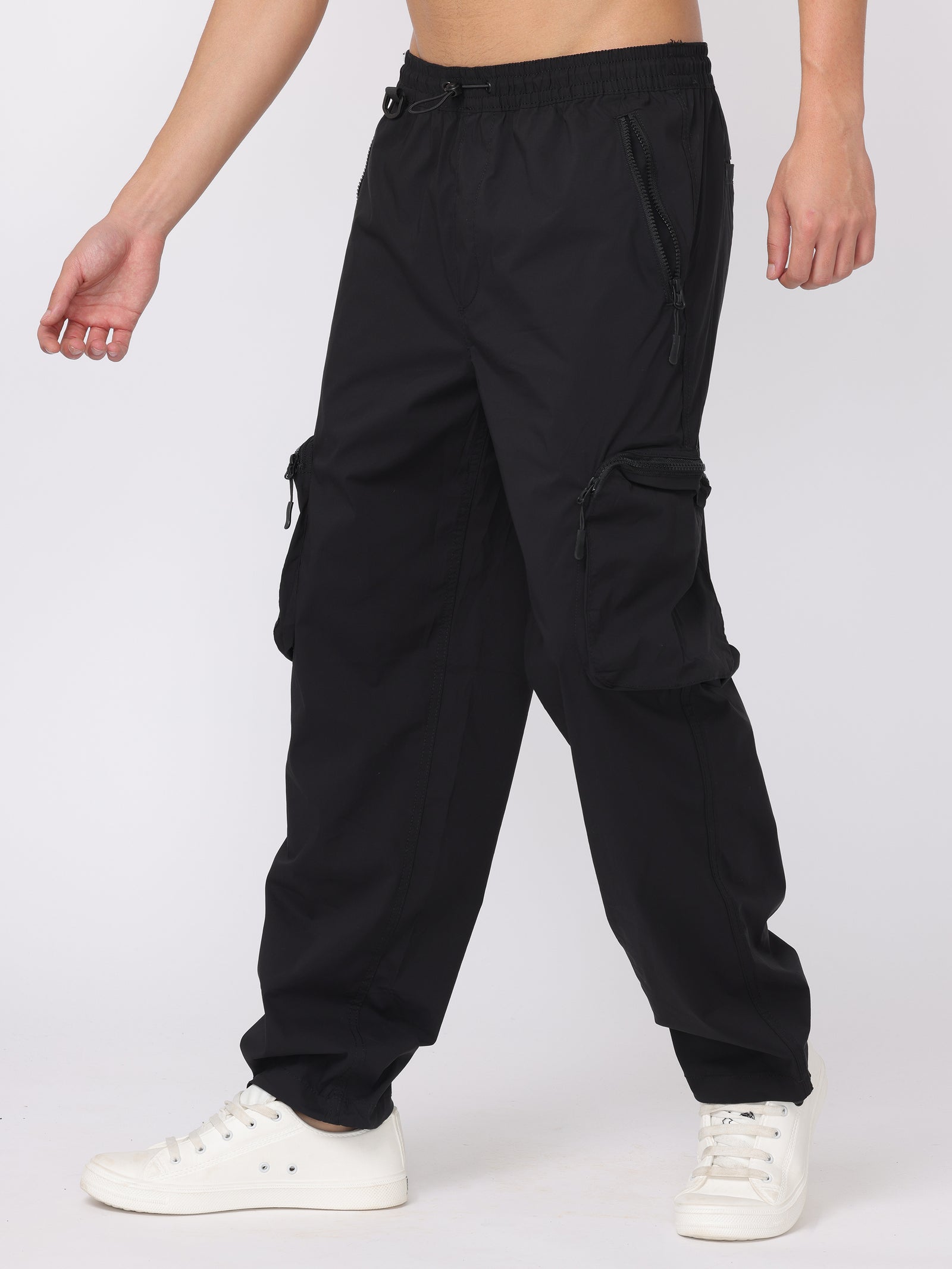 Men Black Comfort Fit Parachute Joggers