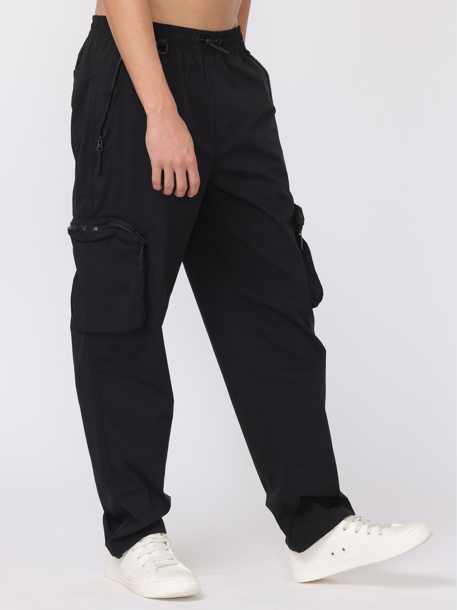 Men Black Comfort Fit Parachute Joggers