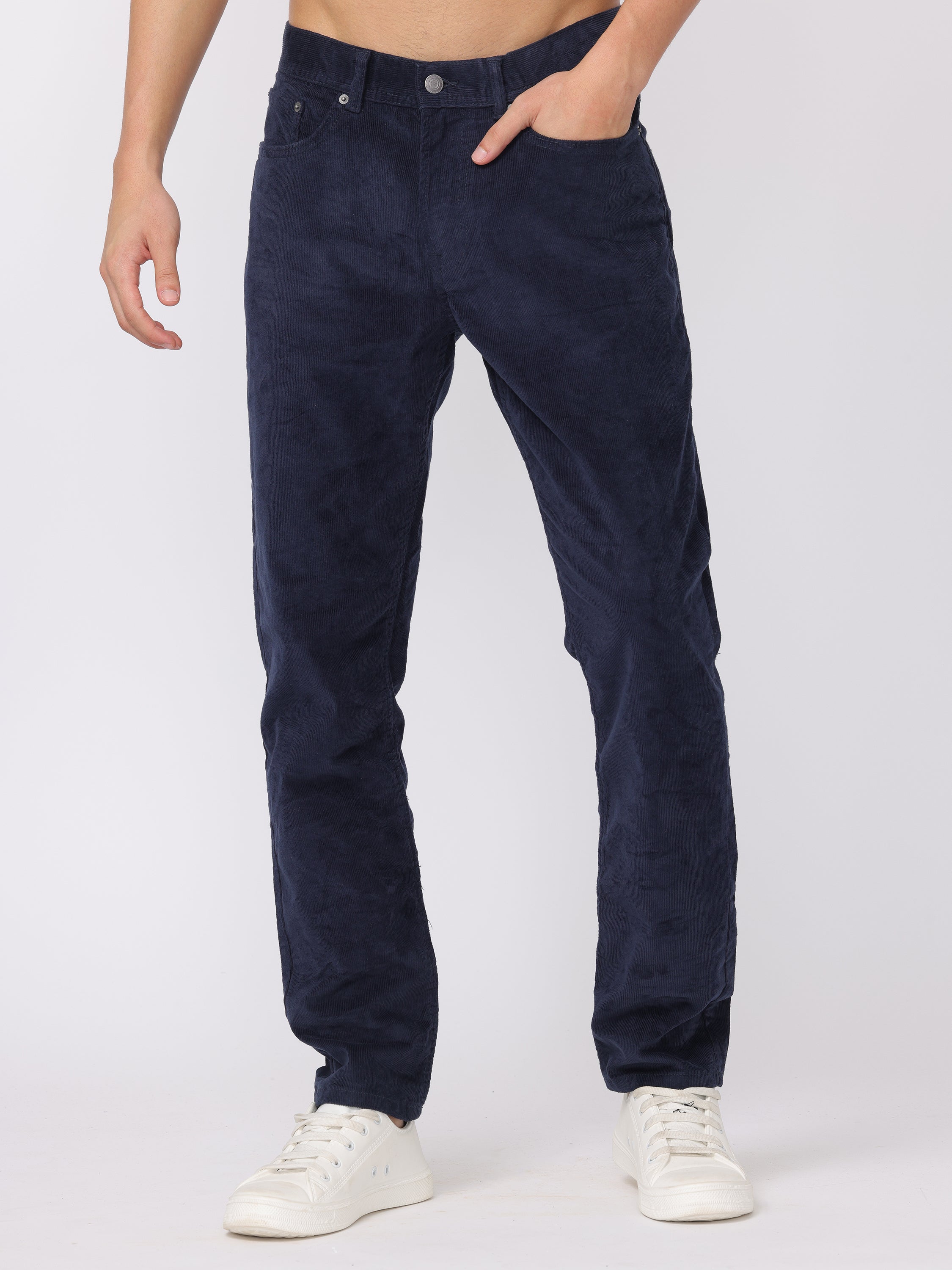 Men Navy Regular Fit Corduroy Pants