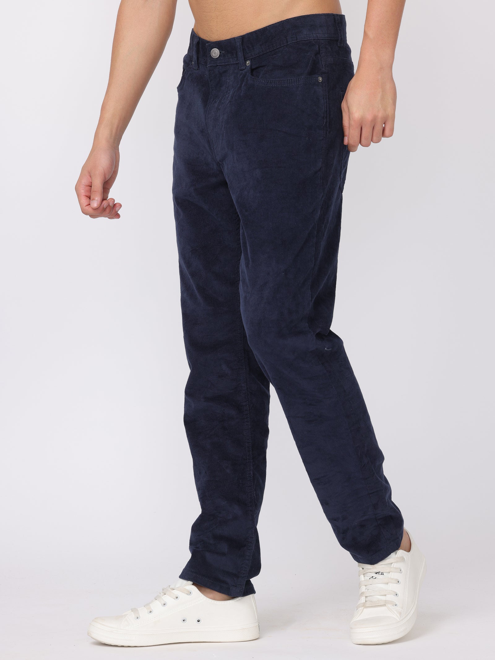 Men Navy Regular Fit Corduroy Pants