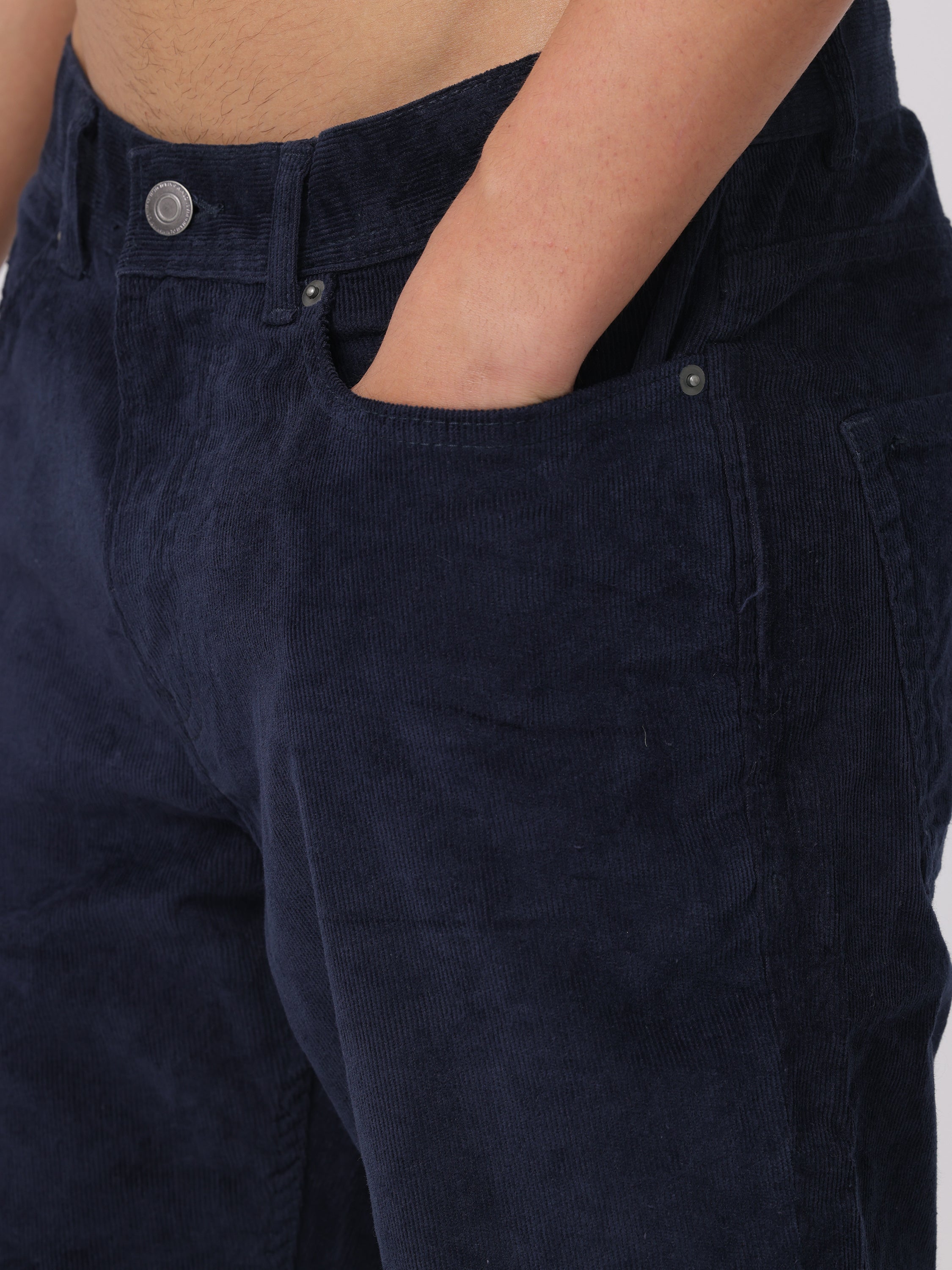 Men Navy Regular Fit Corduroy Pants