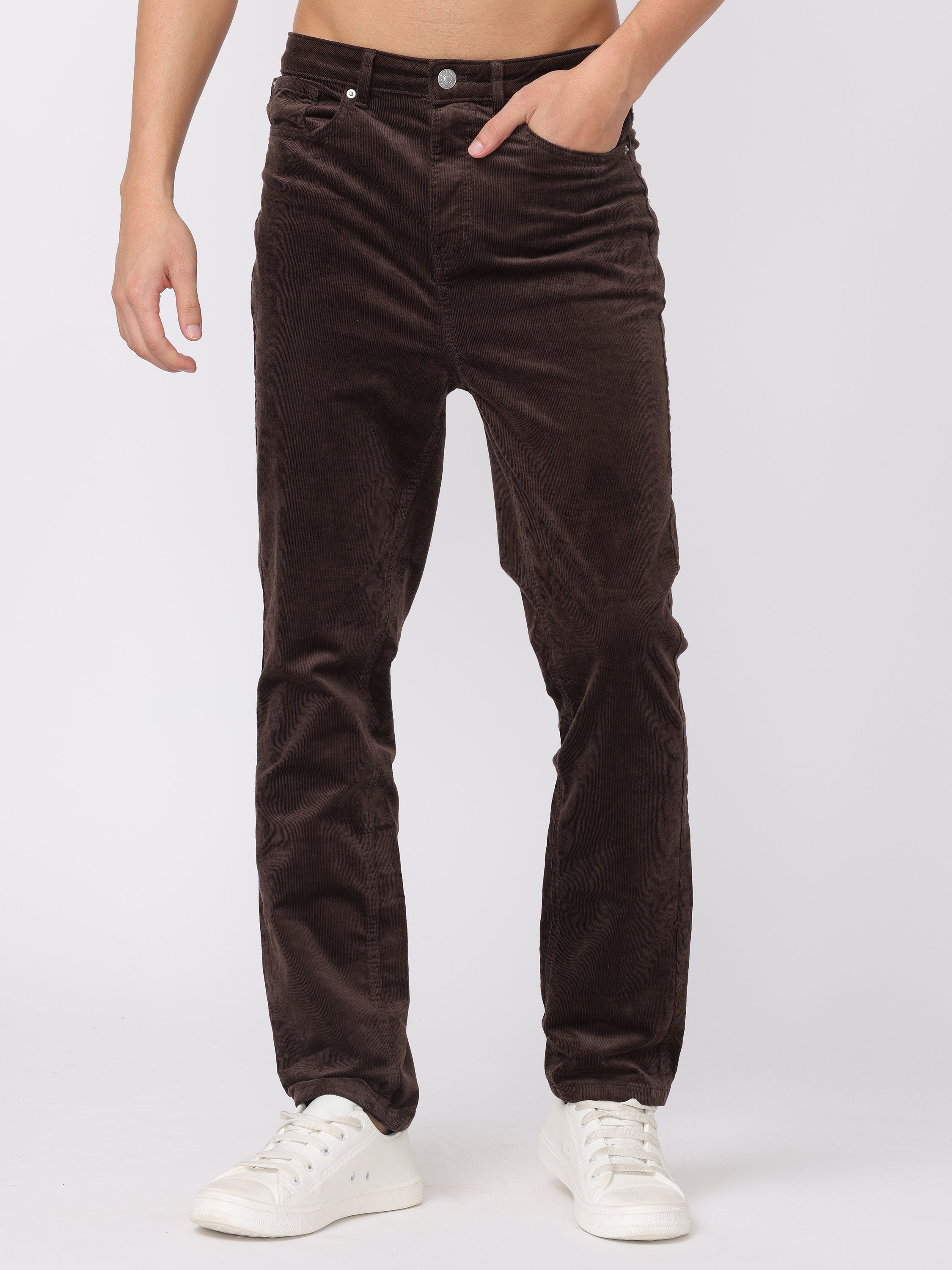 Men Brown Regular Fit Corduroy Trousers