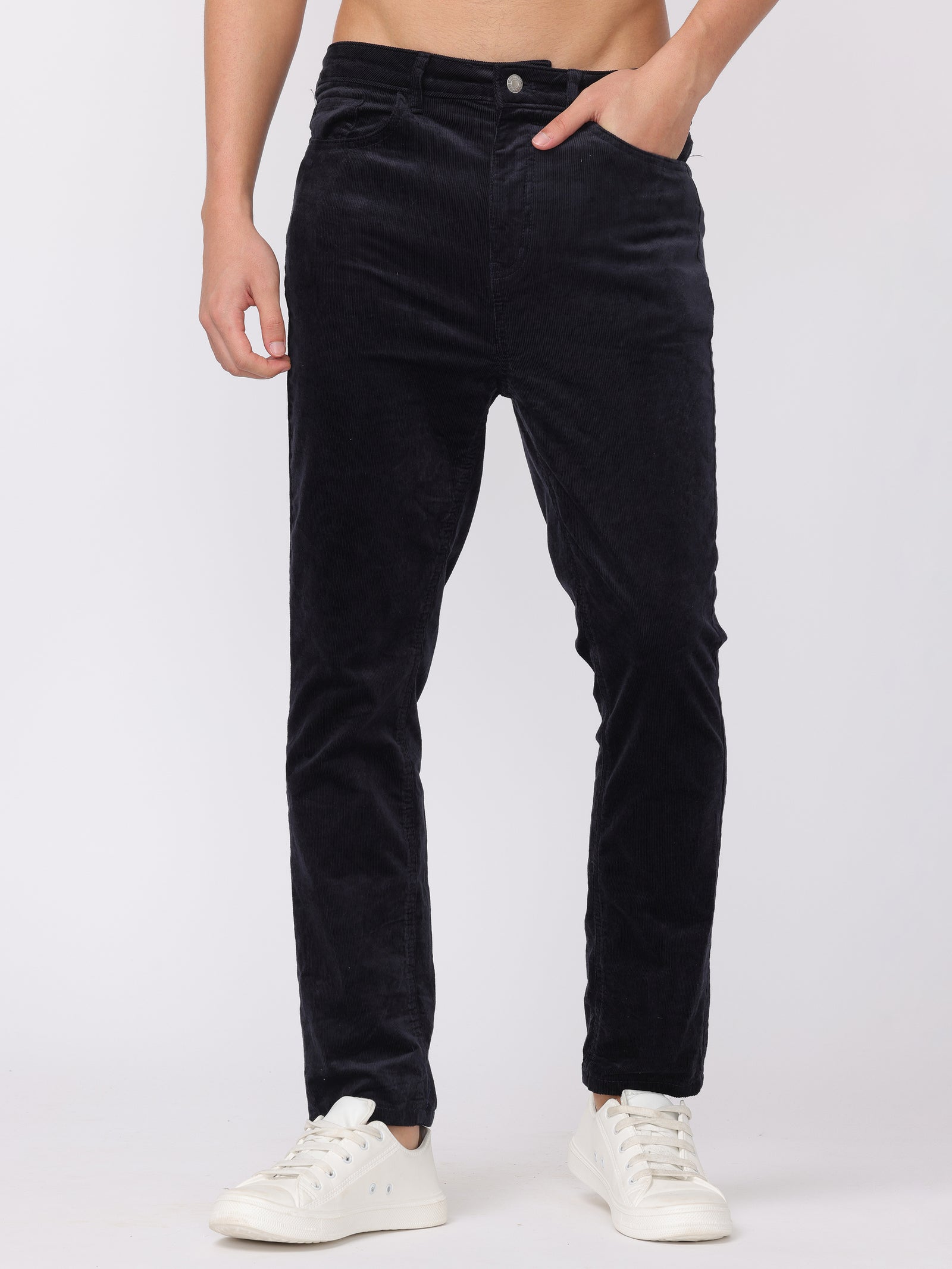 Men Navy Regular Fit Corduroy Pants