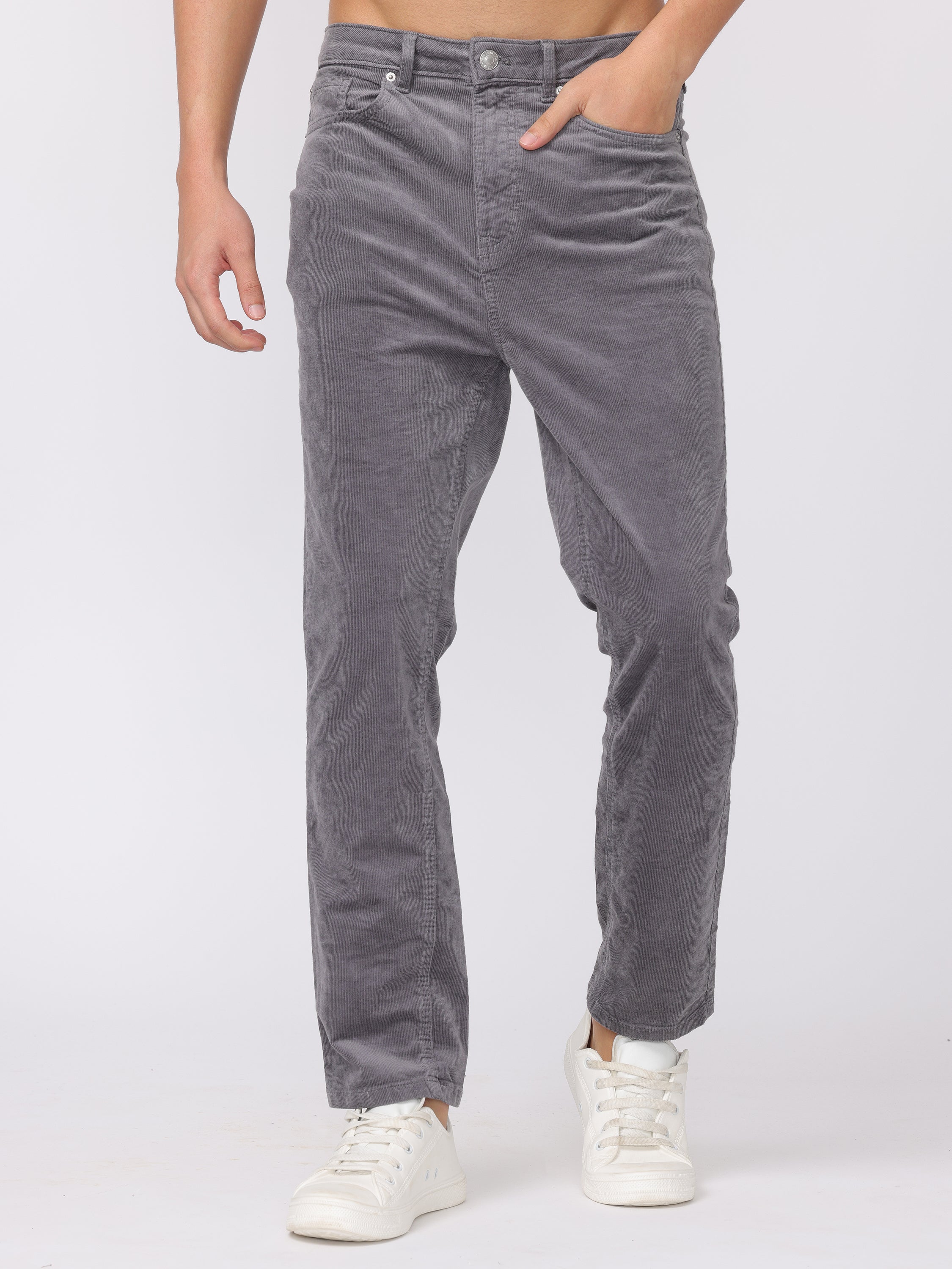 Men Grey Regular Fit Corduroy Pants