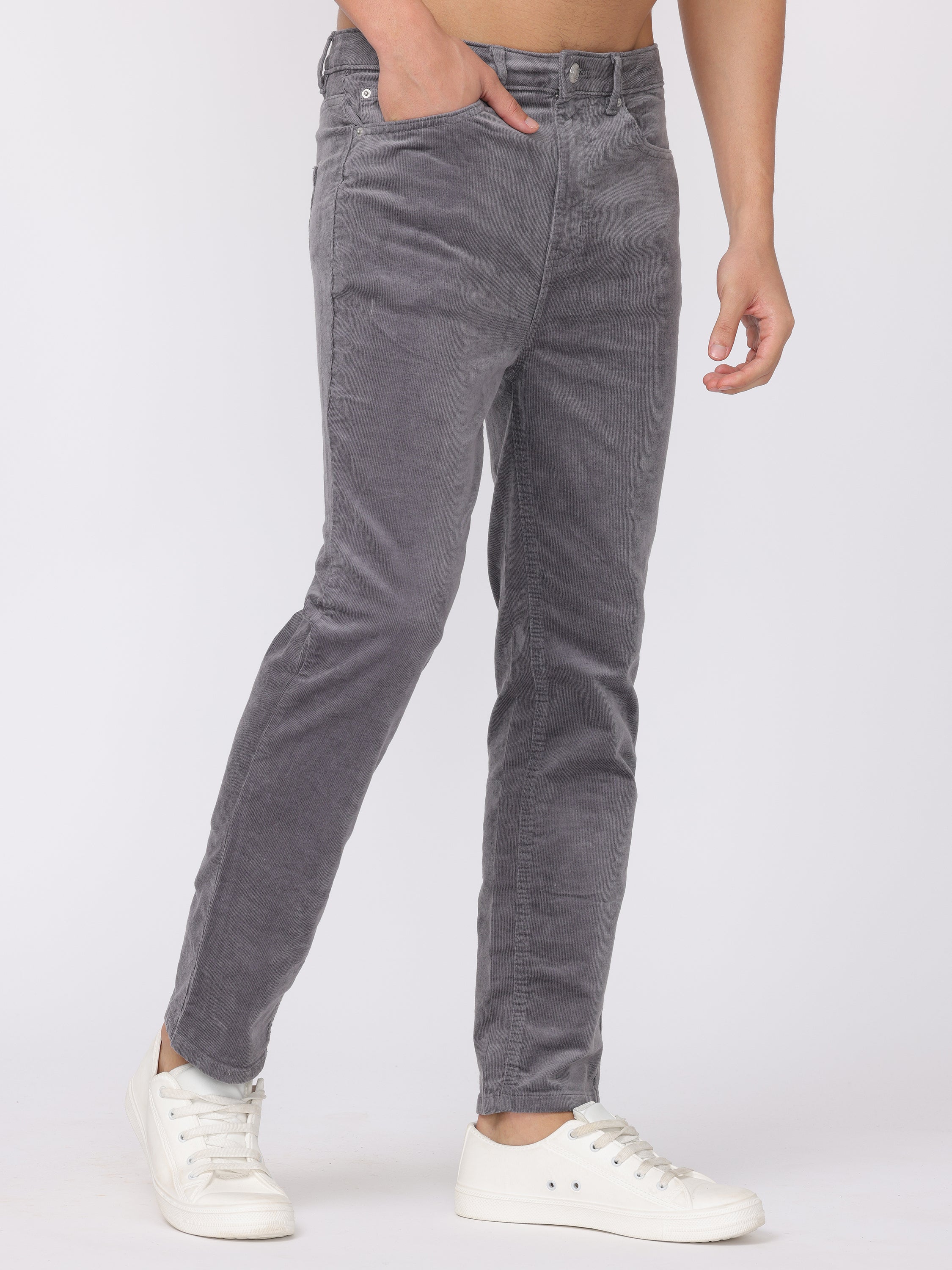 Men Grey Regular Fit Corduroy Pants