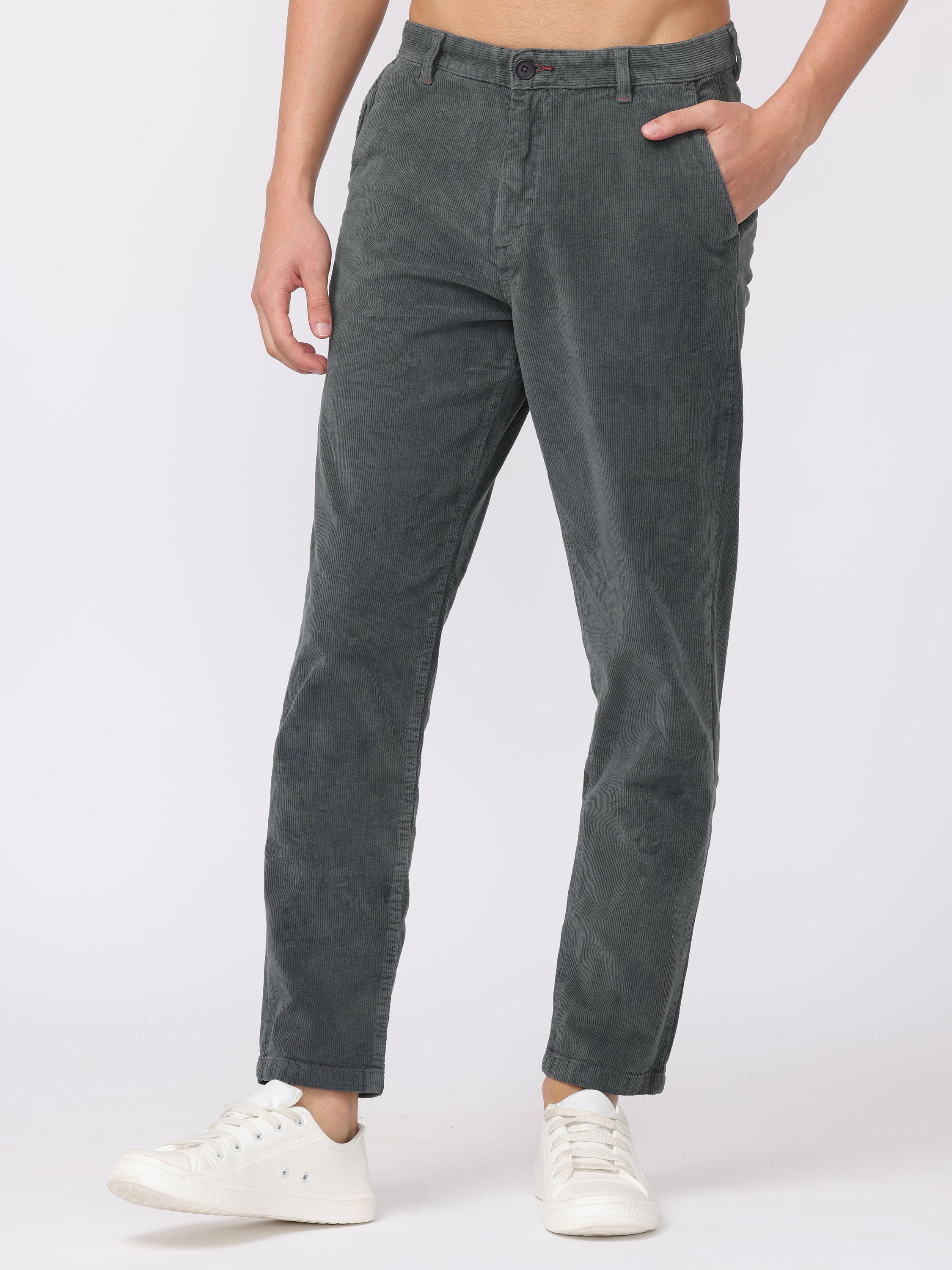 Men Grey Regular Fit Corduroy Pants