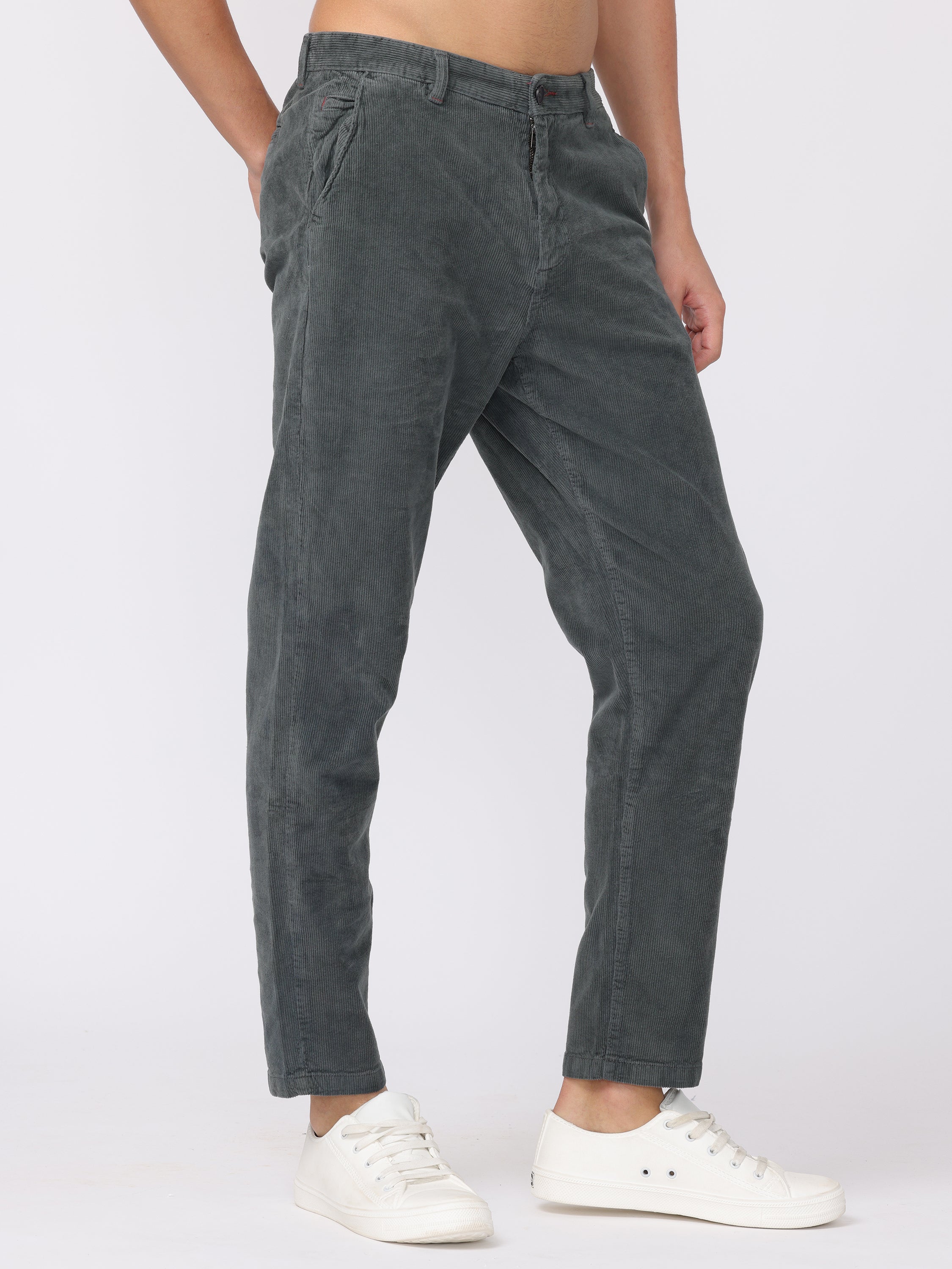 Men Grey Regular Fit Corduroy Pants