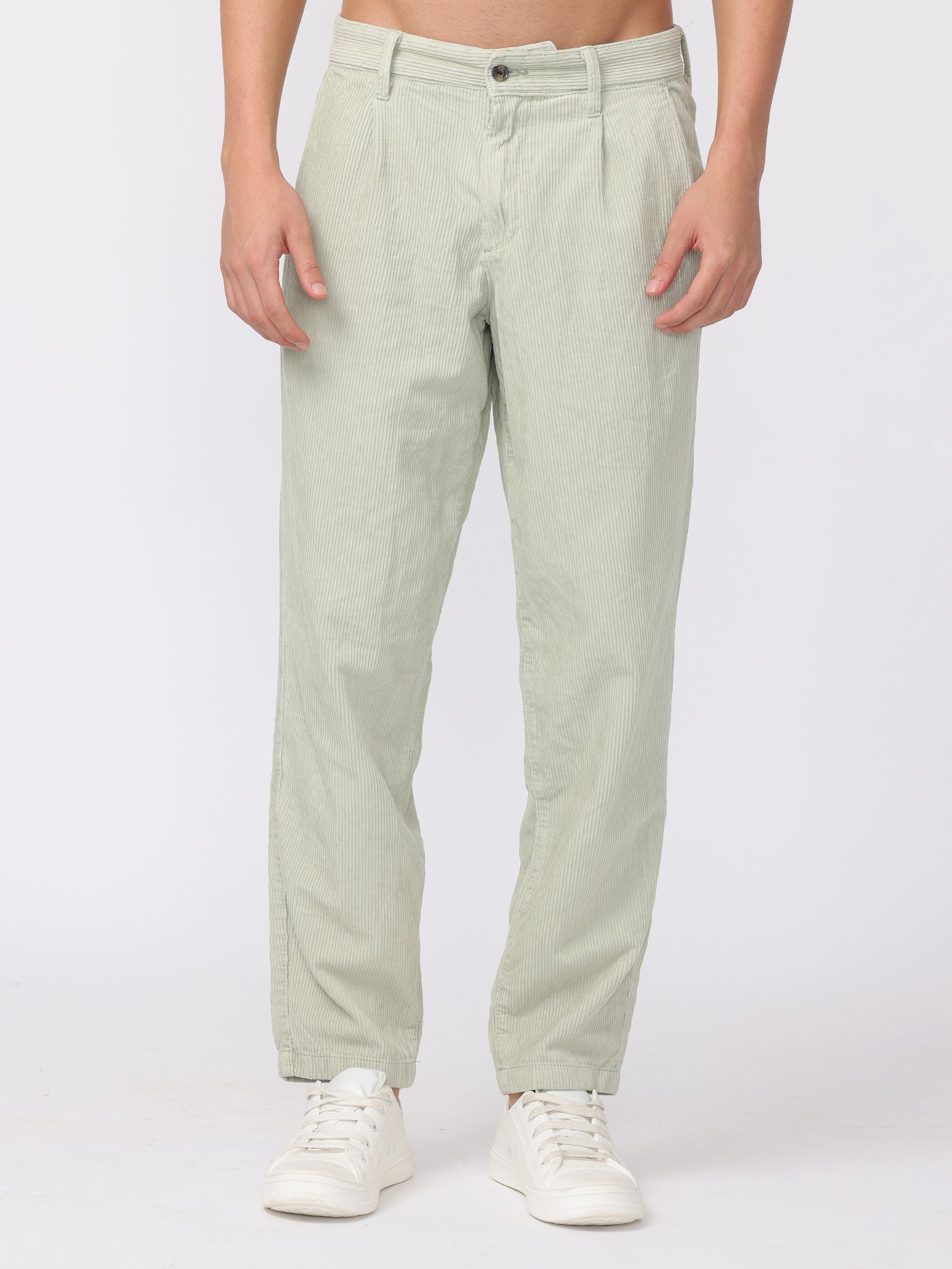 Men Pastel Green Regular Fit Corduroy Trousers