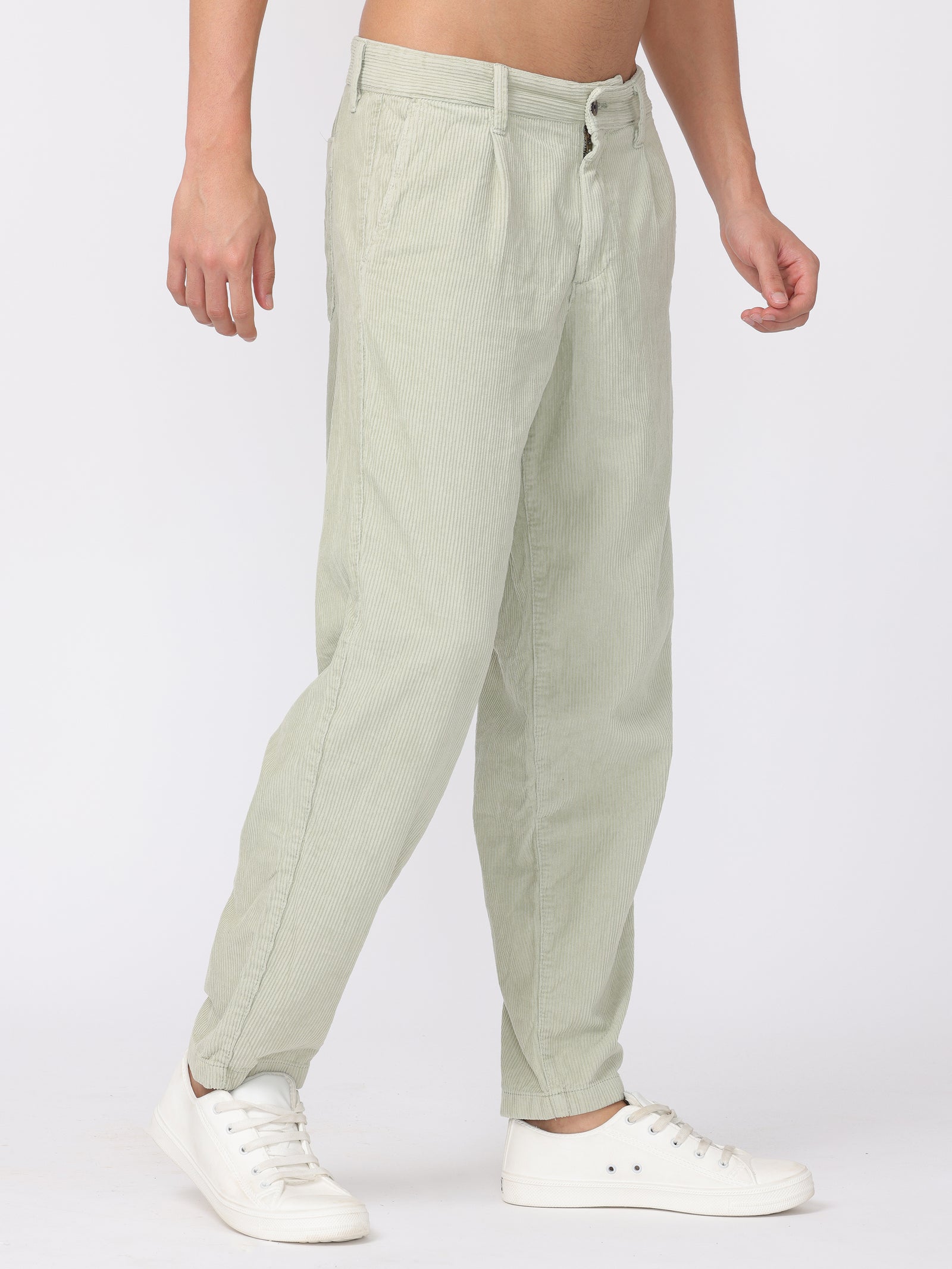 Men Pastel Green Regular Fit Corduroy Trousers