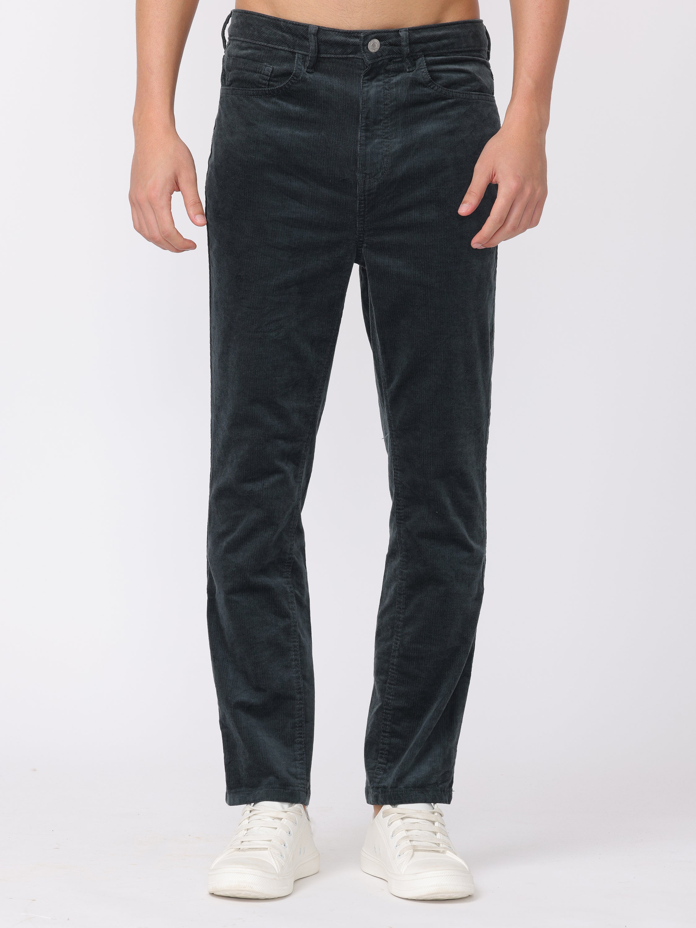 Men Dark Teal Regular Fit Corduroy Trousers