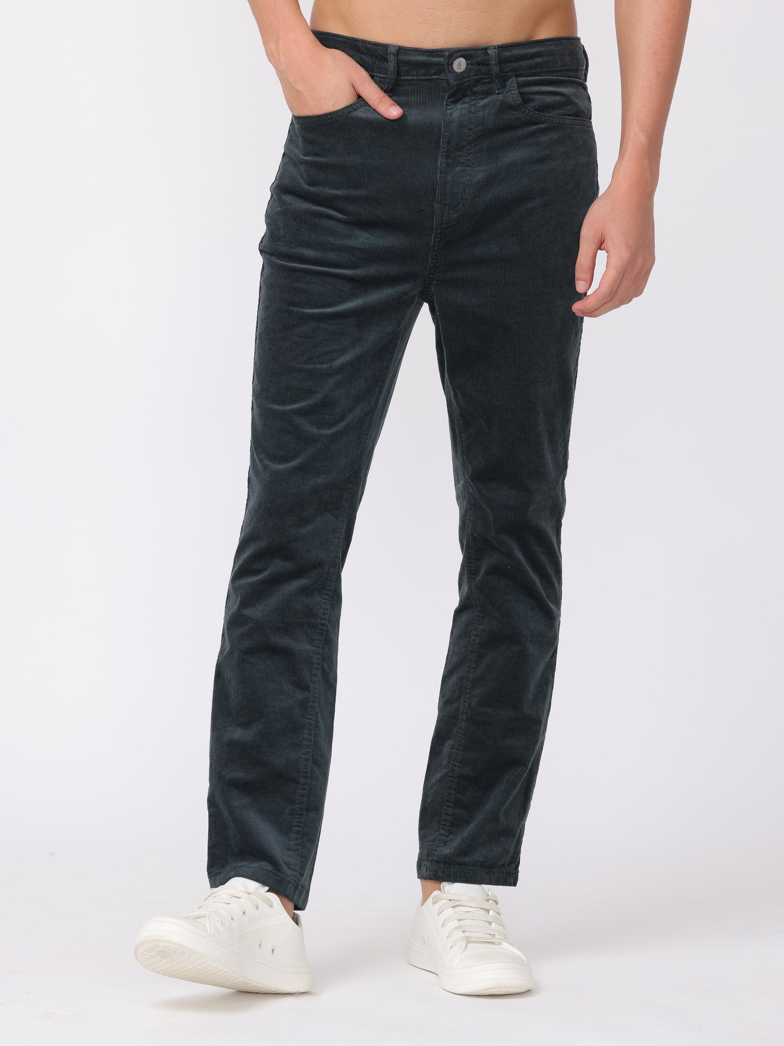 Men Dark Teal Regular Fit Corduroy Trousers