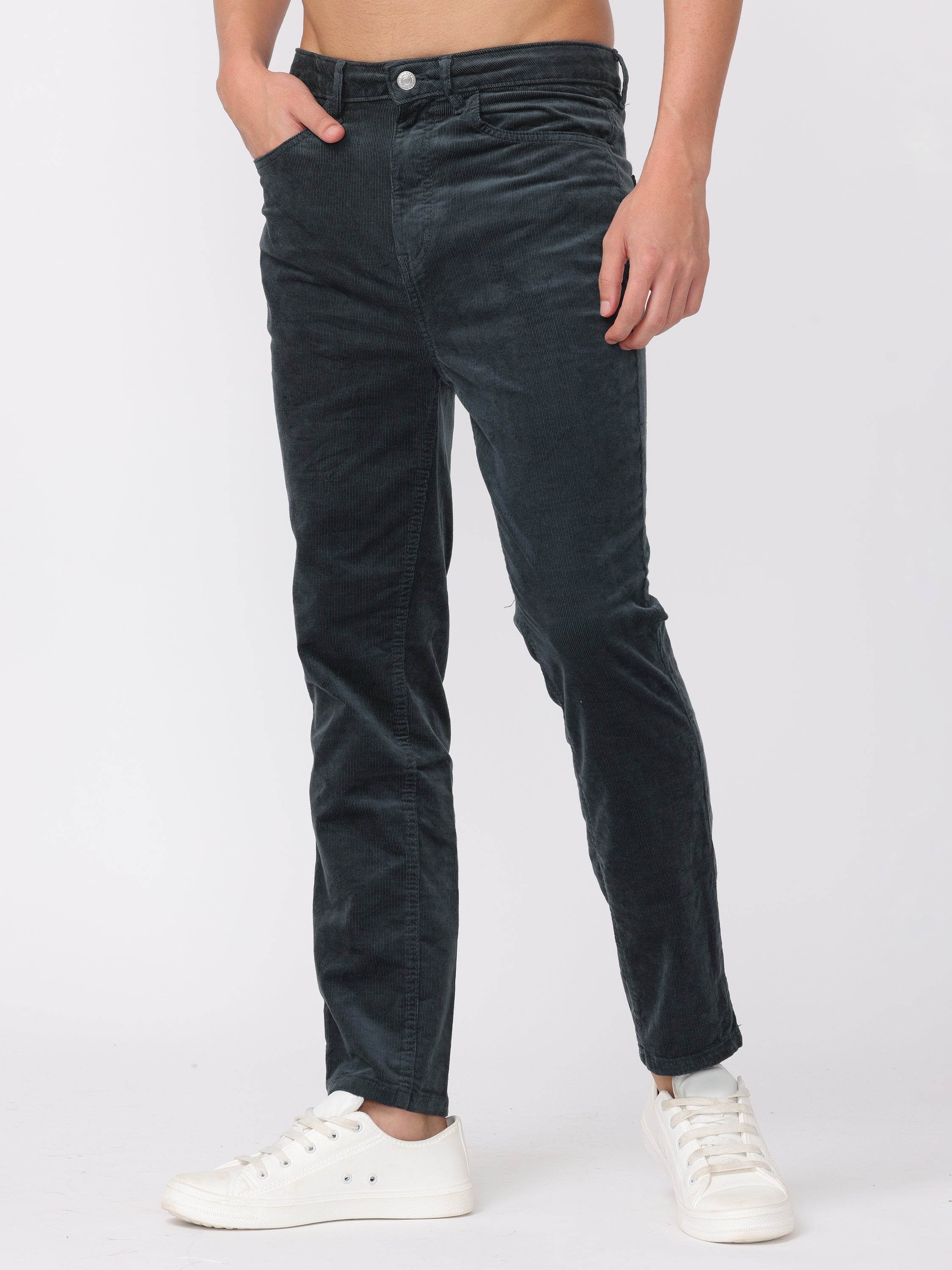 Men Dark Teal Regular Fit Corduroy Trousers