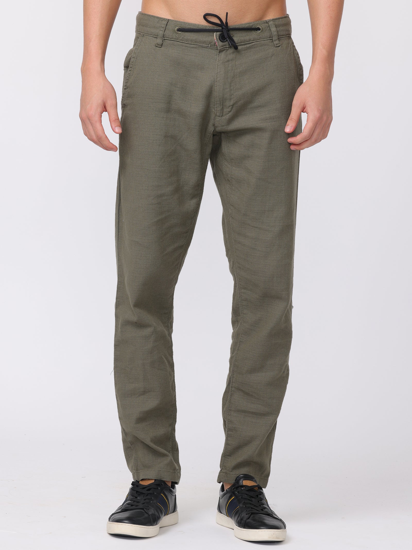 Men Olive Regular Fit Linen Blend Pants