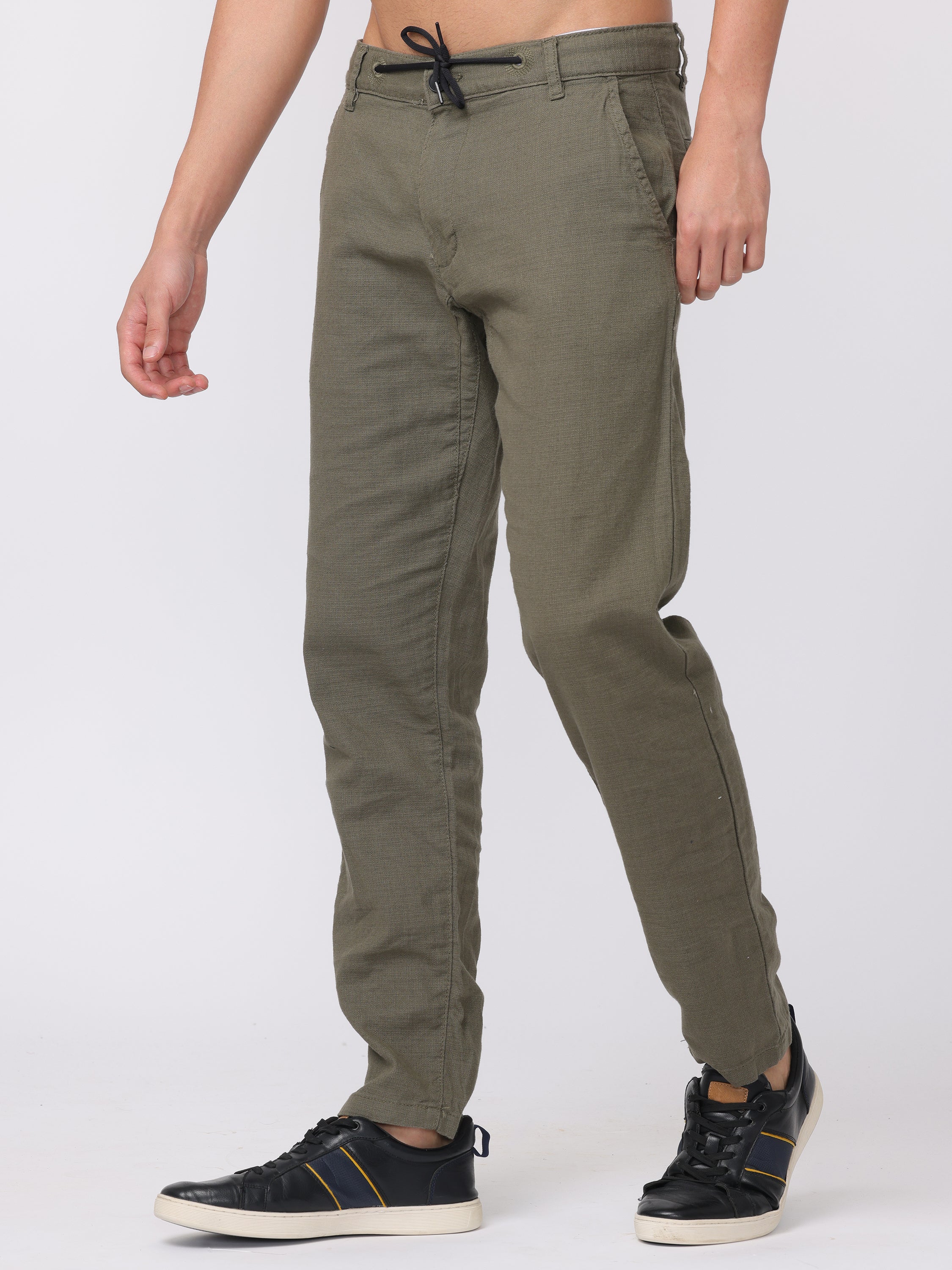 Men Olive Regular Fit Linen Blend Pants