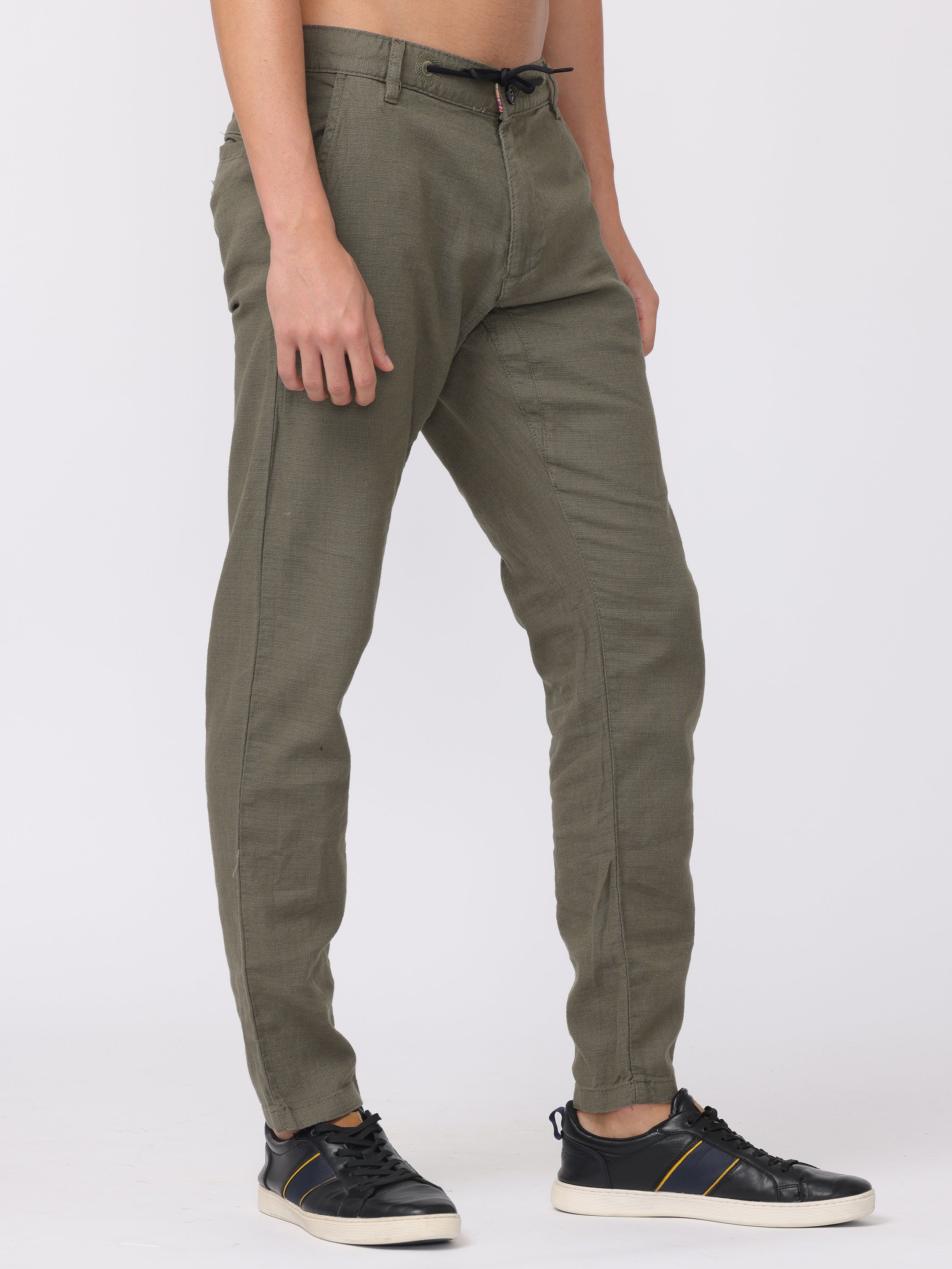 Men Olive Regular Fit Linen Blend Pants