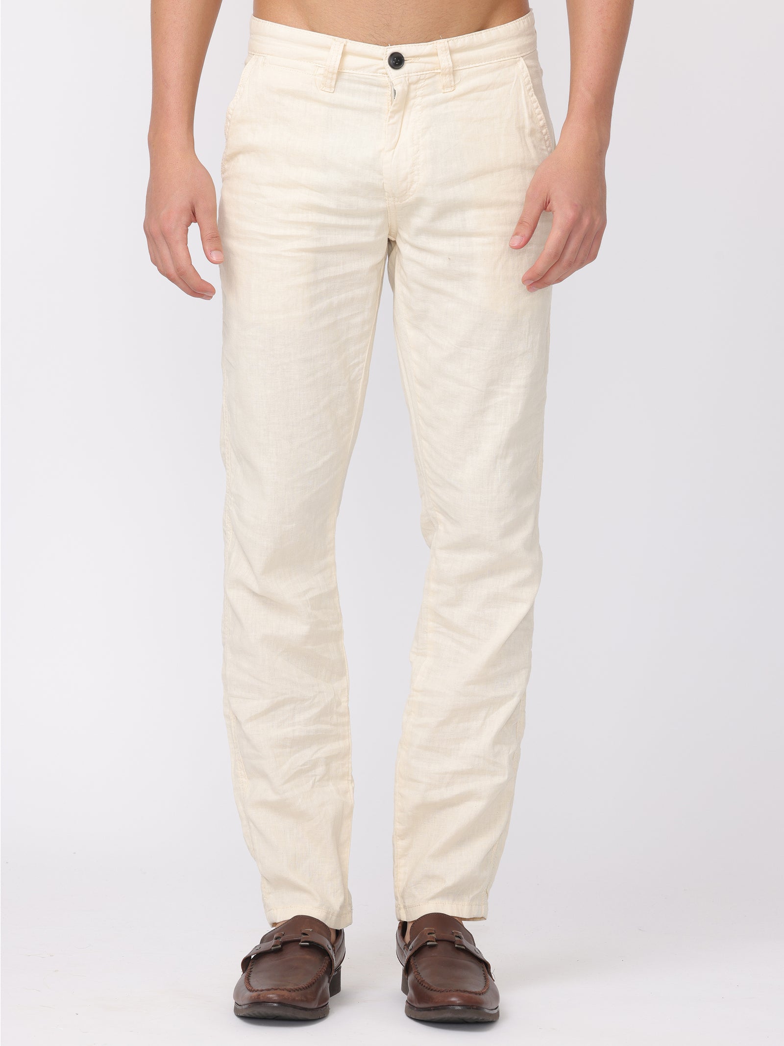 Men Cream Regular Fit Linen Blend Pants