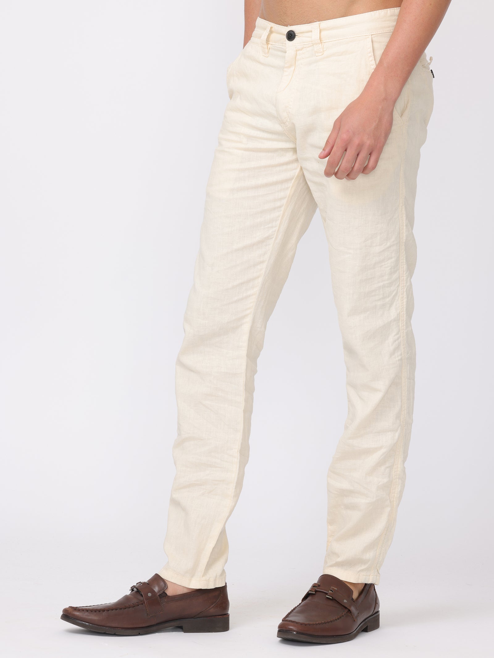 Men Cream Regular Fit Linen Blend Pants