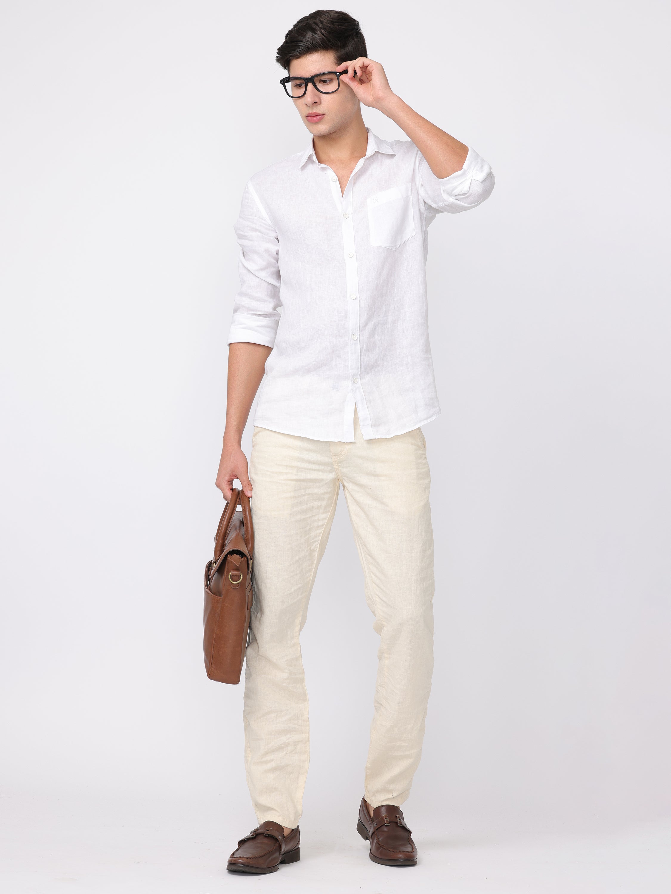 Men Cream Regular Fit Linen Blend Pants