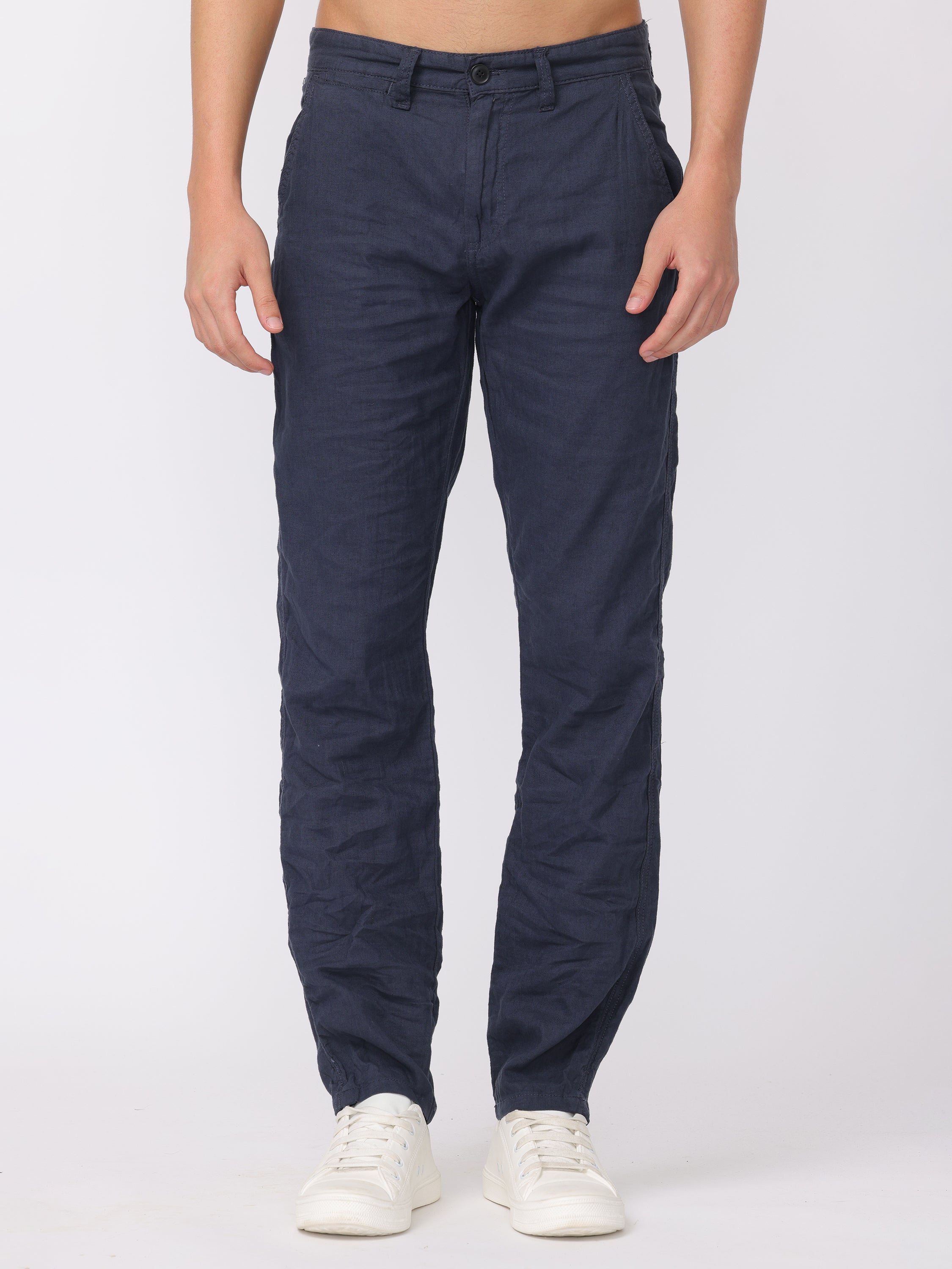 Men Navy Regular Fit Linen Blend Pants