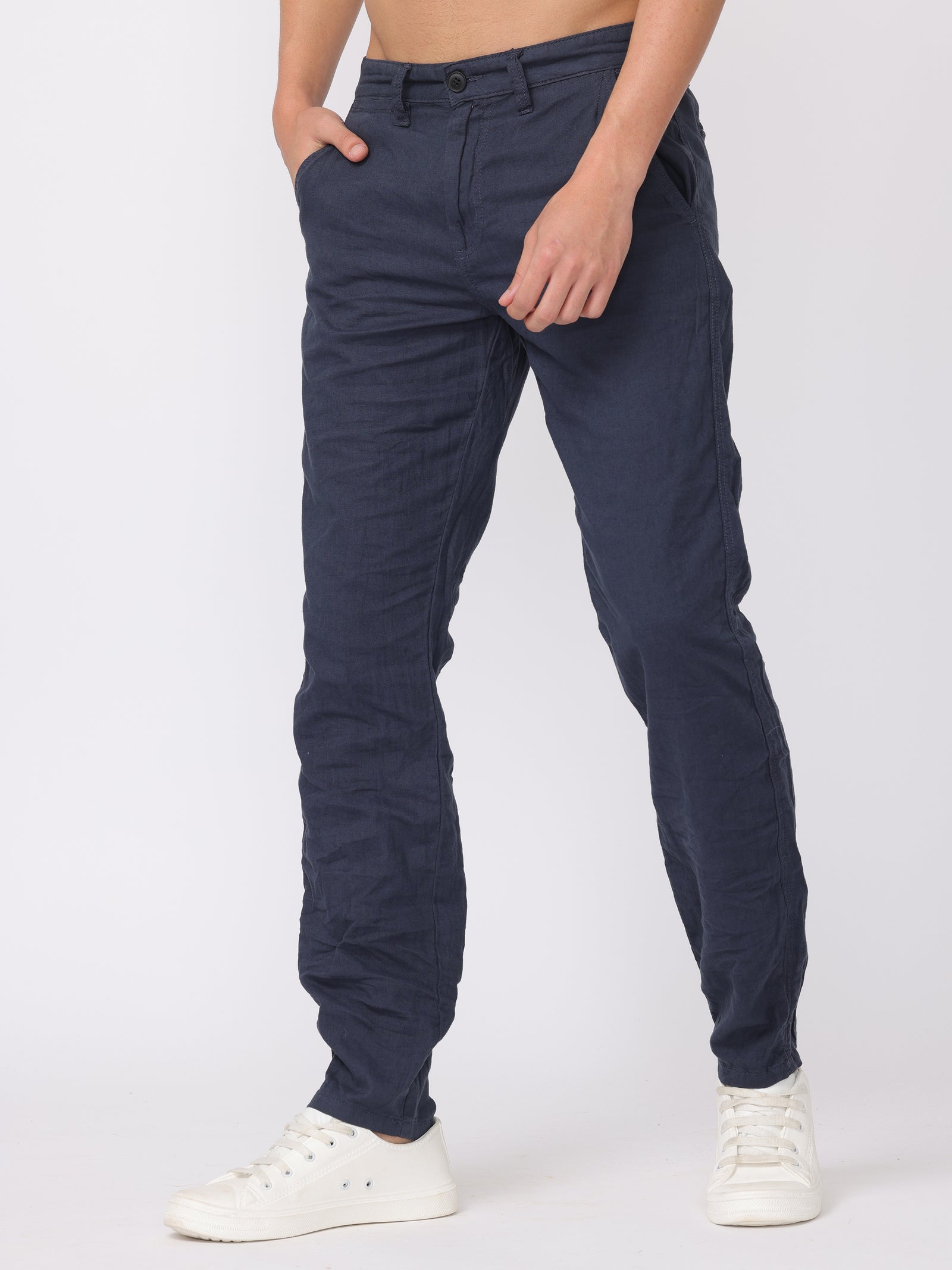 Men Navy Regular Fit Linen Blend Pants