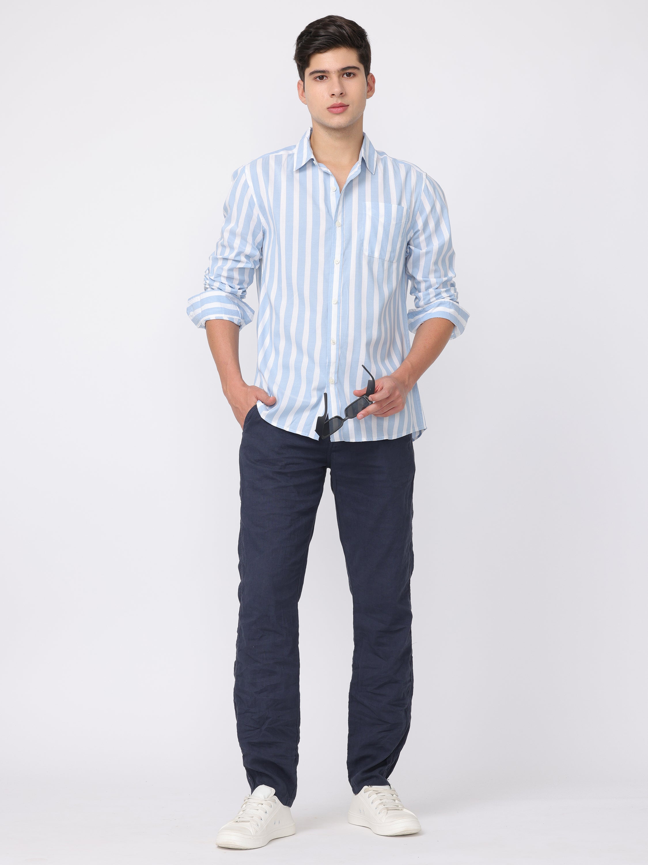 Men Navy Regular Fit Linen Blend Pants