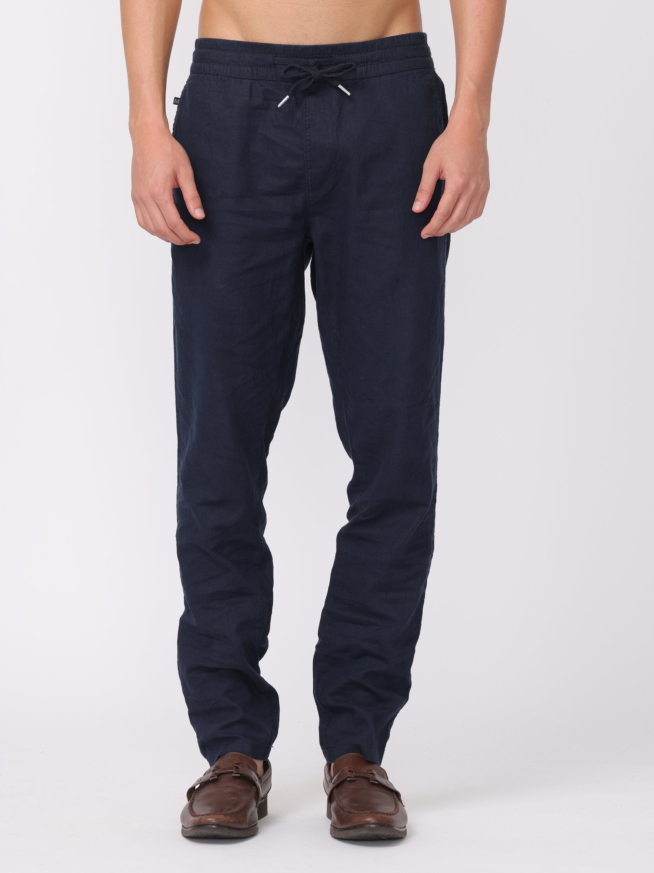 Men Navy Regular Fit Linen Blend Pants