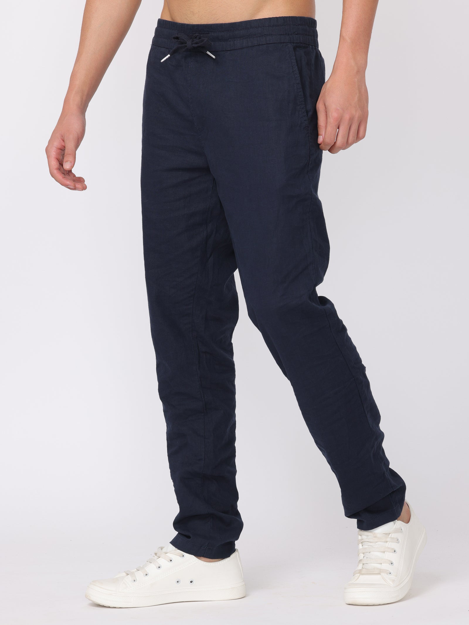 Men Navy Regular Fit Linen Blend Pants