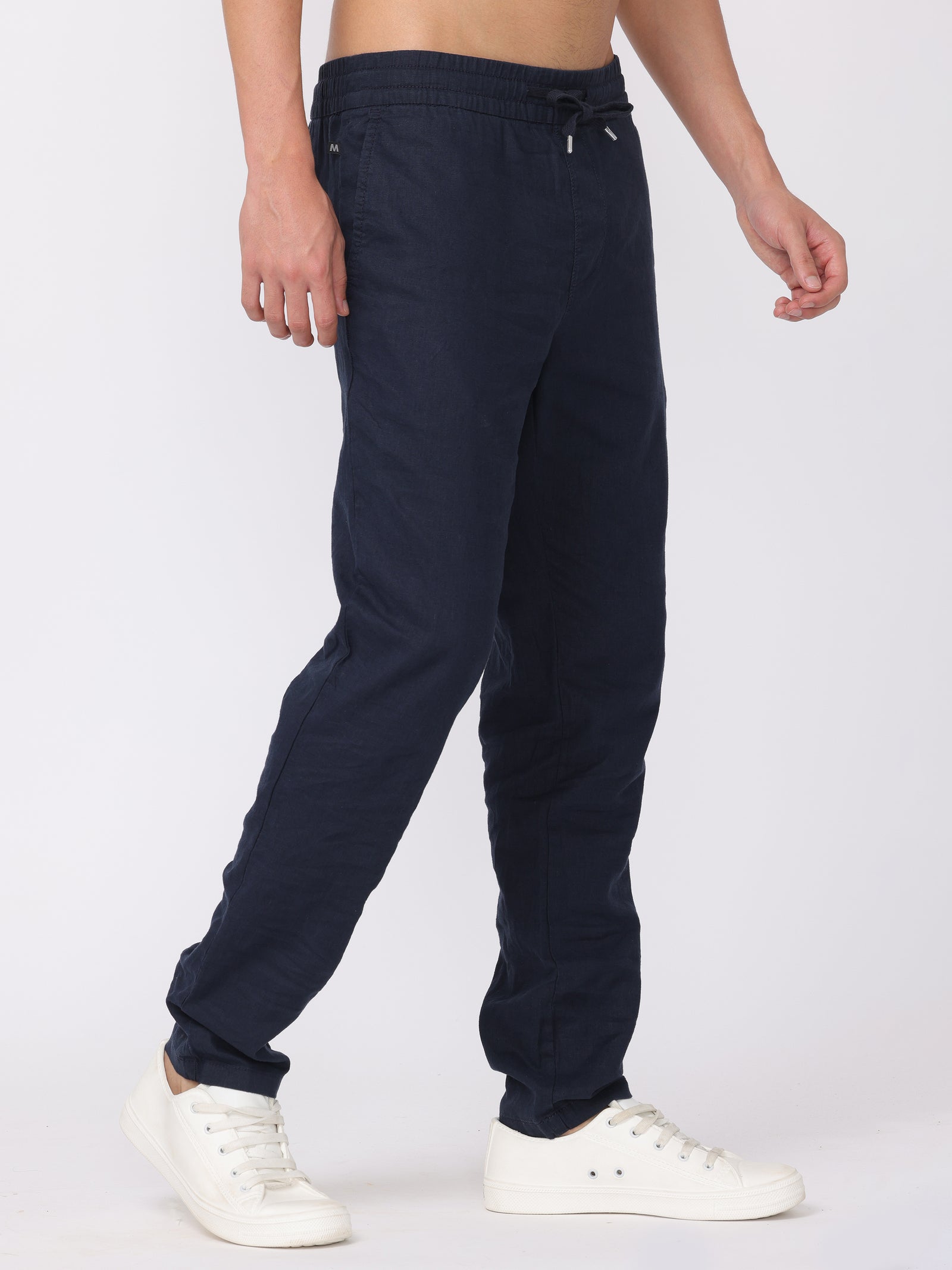 Men Navy Regular Fit Linen Blend Pants