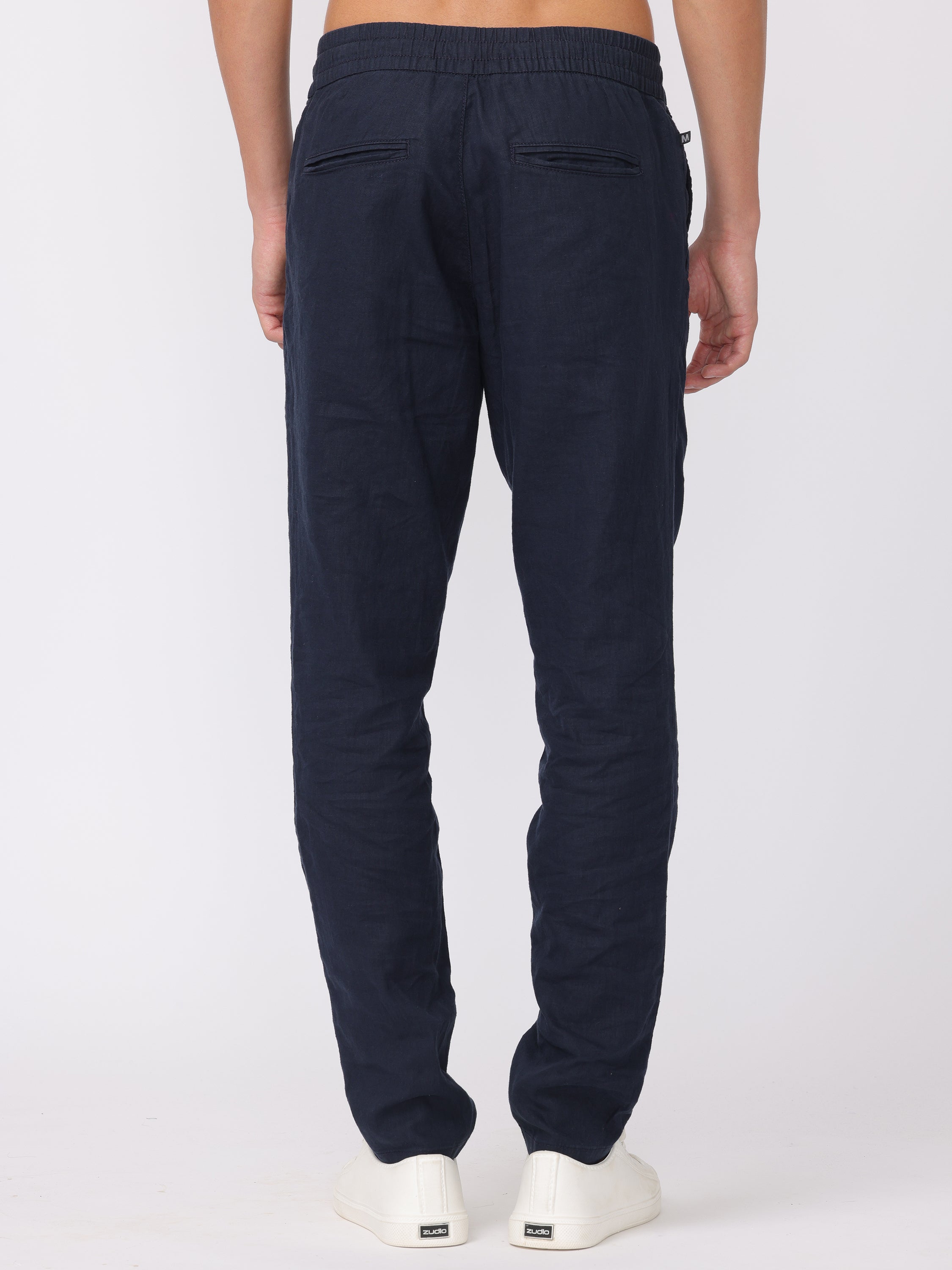 Men Navy Regular Fit Linen Blend Pants