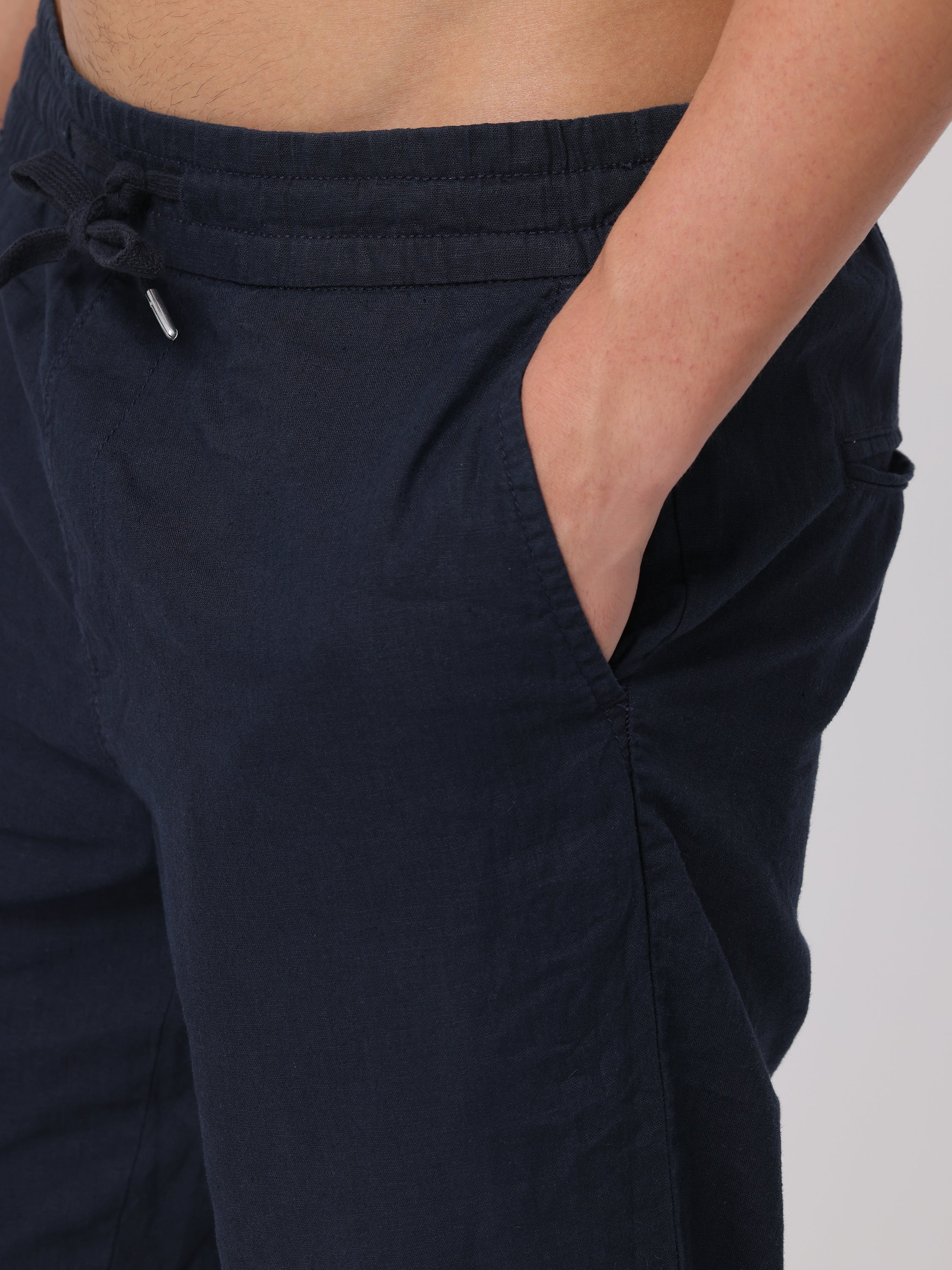 Men Navy Regular Fit Linen Blend Pants