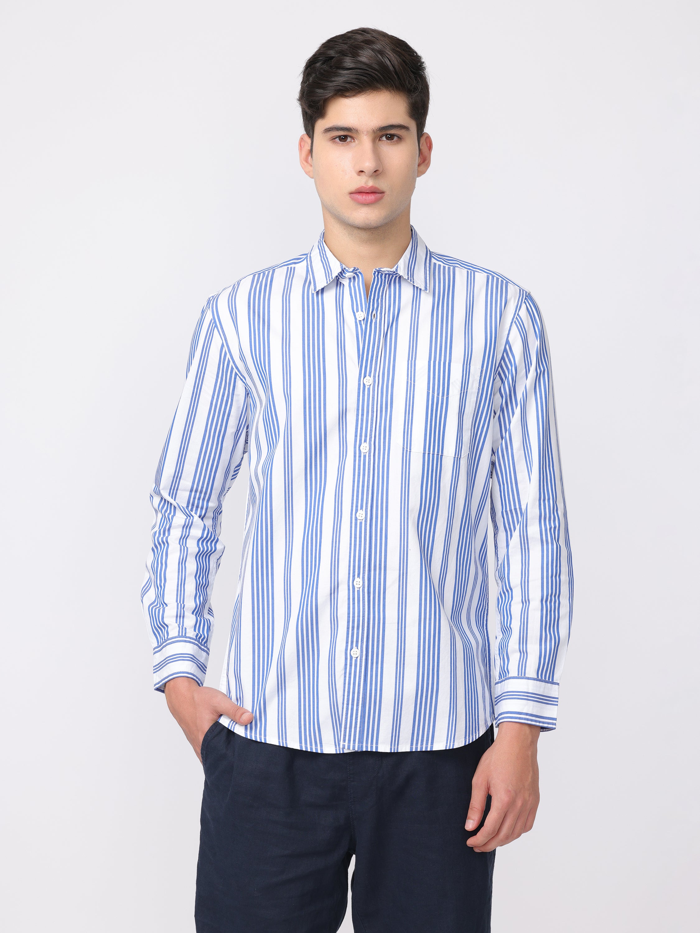 Men Blue Regular Fit Striped Shirt