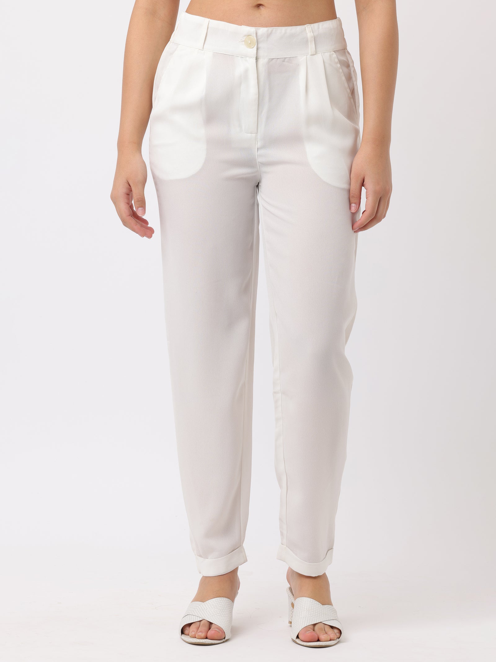 Women White Regular Fit Georgette Pants