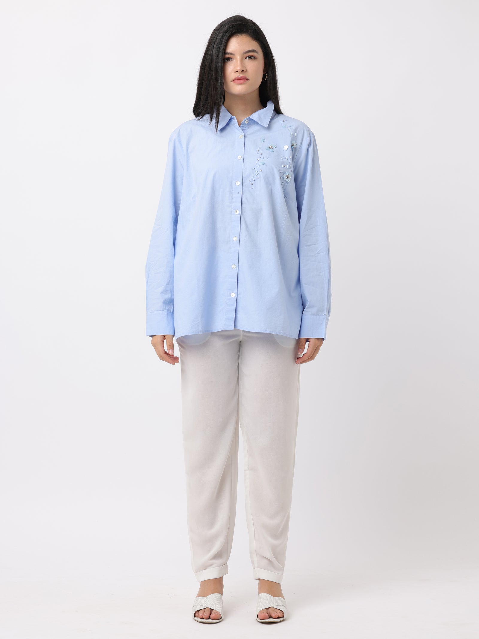 Women Blue Embroidered Comfort Fit Shirt