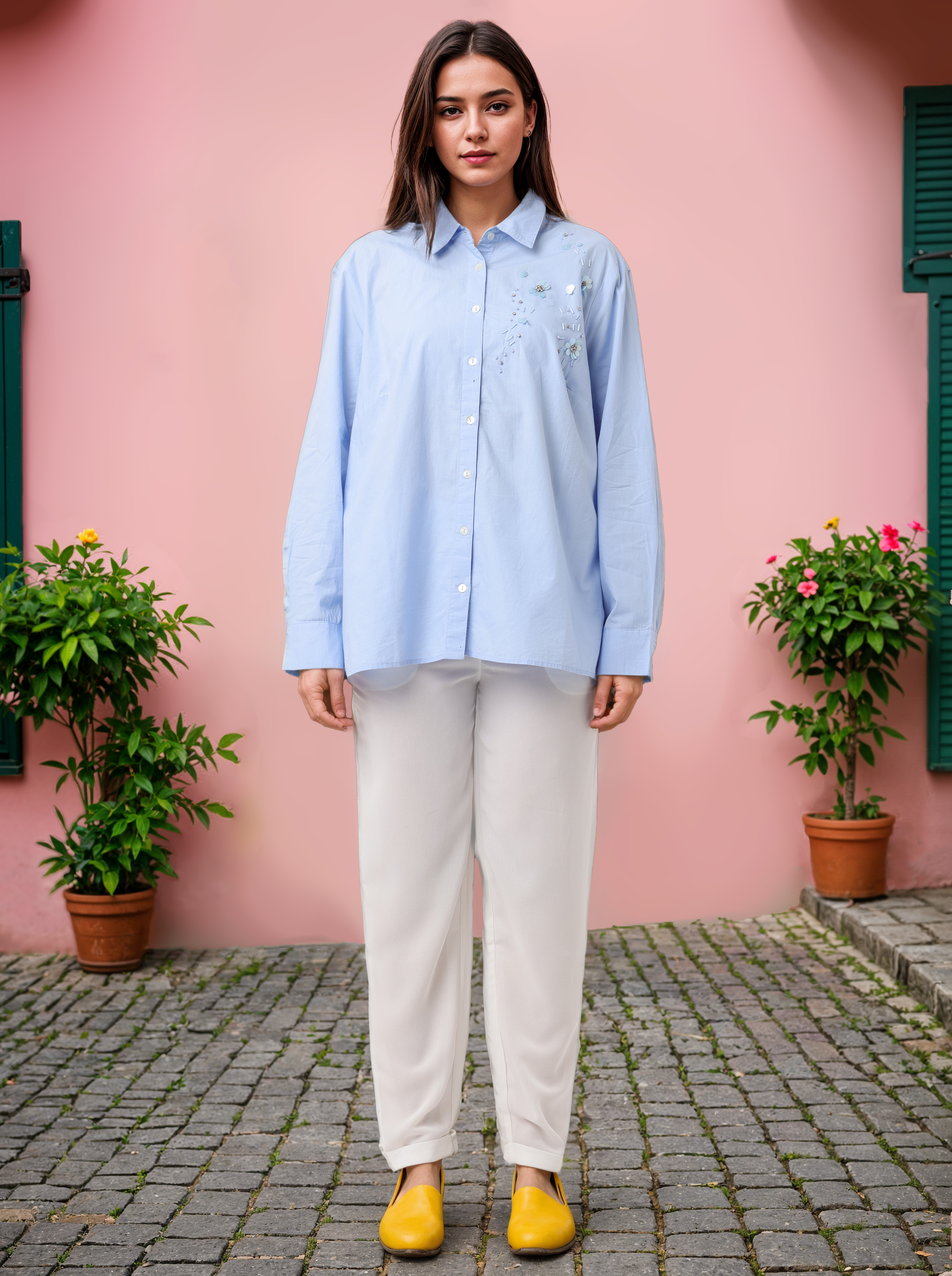 Women Blue Embroidered Comfort Fit Shirt